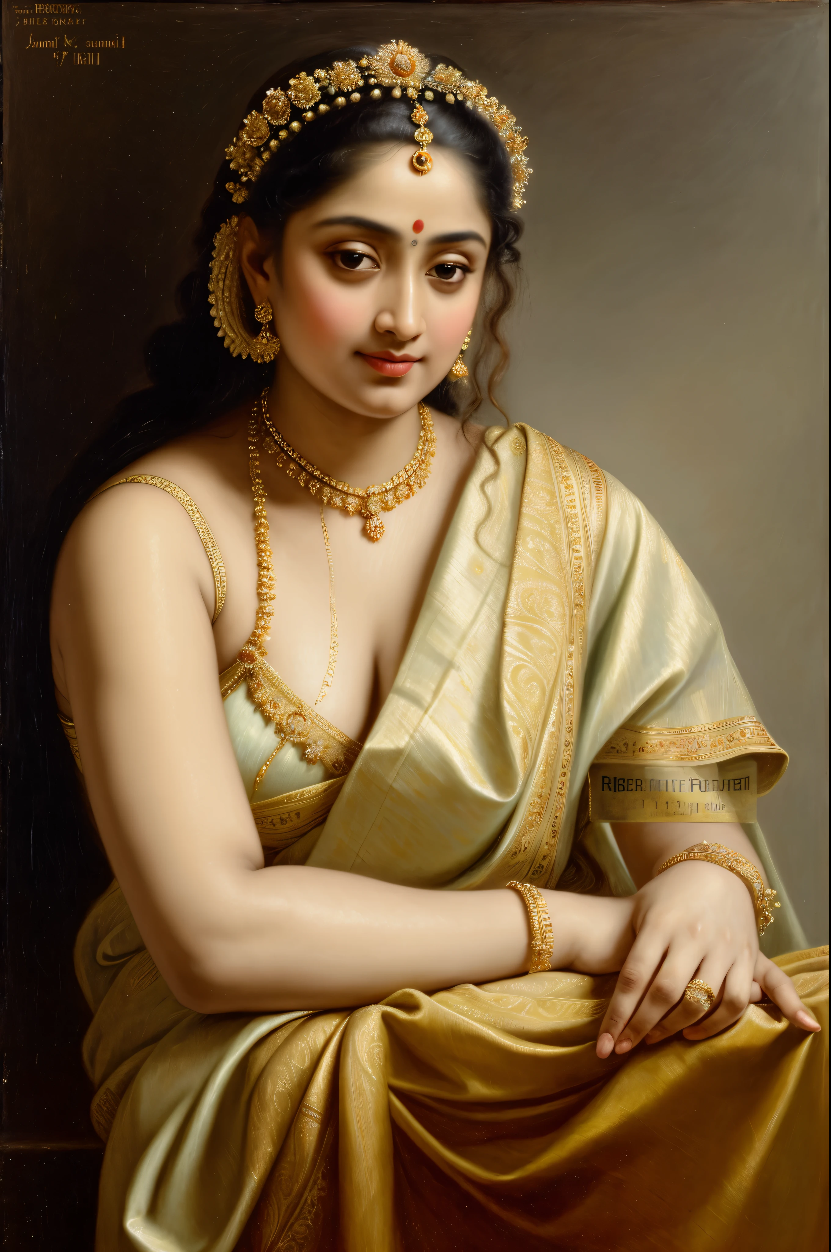 Looks like Jannat Zubair, Beautiful Indian Woman, wearing saree, sari Beauty, gorgeous, Apsara, Maharani, royal queen woman, nymph from Hindu Mythology, Urvashi, matchless beauty, Highly detailed, Oil Painting by Peter Paul Rubens inspired by Raja Ravi Varma, Matchless beauty, captivating, gorgeous, heavenly beauty, celestial beauty, by Peter Paul Rubens, , realistic, hyper realistic, micro details, incredible artwork, insane details, ultra High resolution, 8k, 32k, acrylic on canvas, intricate, flawless, detailed, detailed face, detailed eyes, masterpiece, by Peter Paul Rubens, by Caravaggio, by William Adolphe bouguereau, perfect face, perfect body, beautiful art, realism, baroque, renaissance Art, highly textured, beautiful and detailed eyes, uhd, best quality,