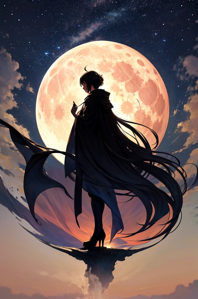 highest quality,Big moon and shadow,A silhouette of a person can be seen against the backdrop of a large moon.,There is one full moon,There is a mood,Beautiful scenery,Starry Sky