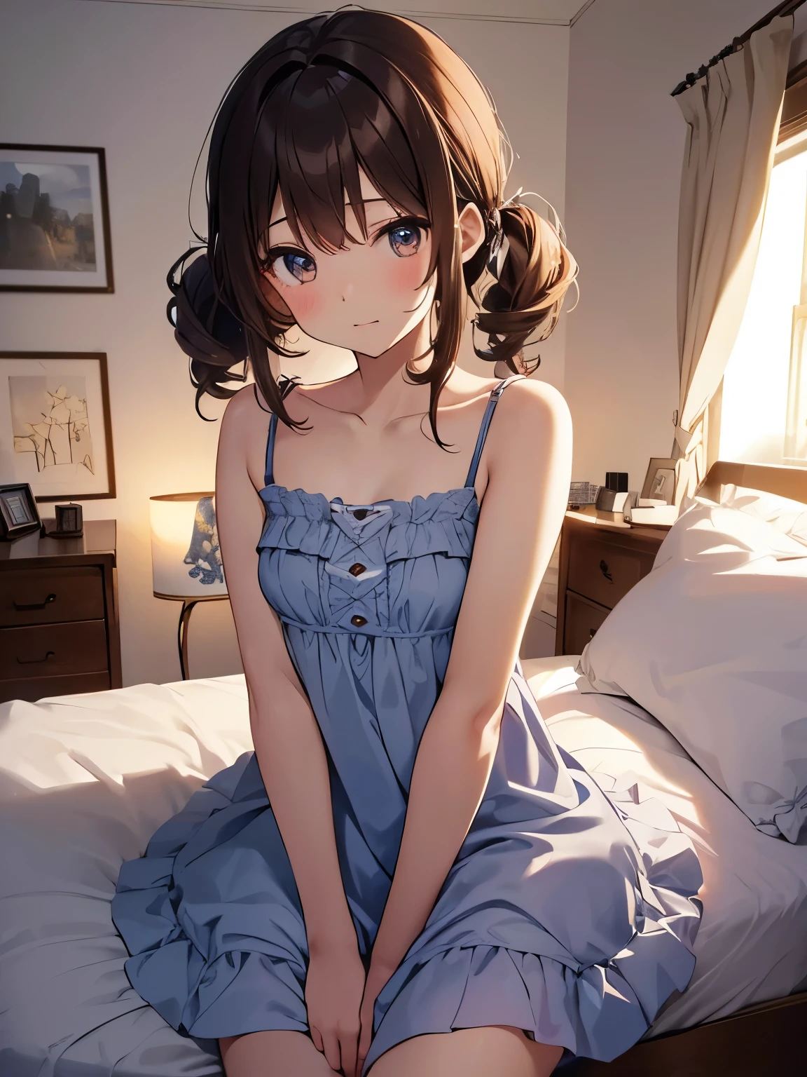 Late night bedroom、Electric light、A beautiful girl with brown hair sleeping on her back in bed、17 years old、from above、Dimly lit room、Amber lighting、Embarrassed face、Very detailed, 超A high resolution,Camisole dress、(Highest quality illustrations:1.2), (Cute Girl:1.1), (1 Girl, solo:1.5), (1 Girl、16 years old、Childlike、One Pose、cute、A neat image、((1 Girl、solo)), (Highest quality illustrations:1.2), (Cute Girl:1.1), (Small breasts、Super detailedな目:1.2)、Brown hair、Short Hair、Wavy Hair、Curly Hair、Low twin tails、BREAK is(highest quality、Super detailed、Very detailedで美しい、Ultra-high resolution、Detailed Arm:1.2)