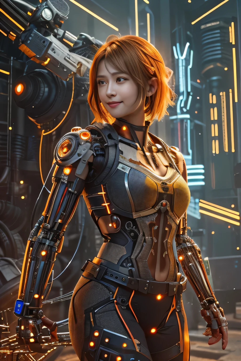 Glowing cyber girl with cybernetic arm,(See-through costume:1.3, )Stand on the post-apocalyptic battlefield.Surrounded by a network of wires. surrounded by circuits. (Cyber girl with a submachine gun:1.3), Shiny light brown and orange striped short hair,Cute Smile,Perfect round face,A bright smile that makes everyone happy,Proper body balance,Tabletop,Ultra-high quality output images,High resolution,Intricate details,Very delicate and beautiful hair,Photo realistic,dream-like,Professional Lighting,Realistic Shadows,Focus Only,Beautiful Hands,Beautiful fingers,Detailed characteristics of the fingers,Detailed garment features,Detailed hair features,Detailed facial features,