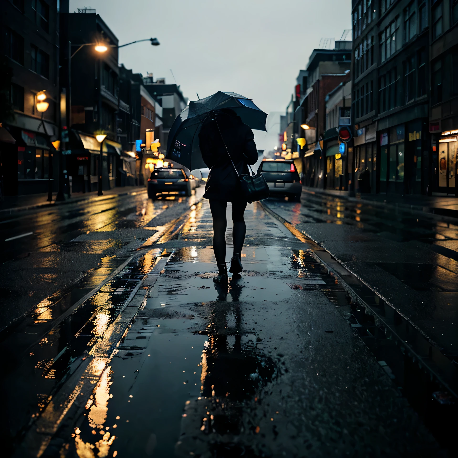(best quality,highres),rain-soaked road,glowing streetlights,reflection in puddles,wet asphalt,shimmering raindrops,empty city streets,moody atmosphere,soft focus,urban nightscape,colorful umbrellas,darkened sky,lit-up windows,peaceful solitude.