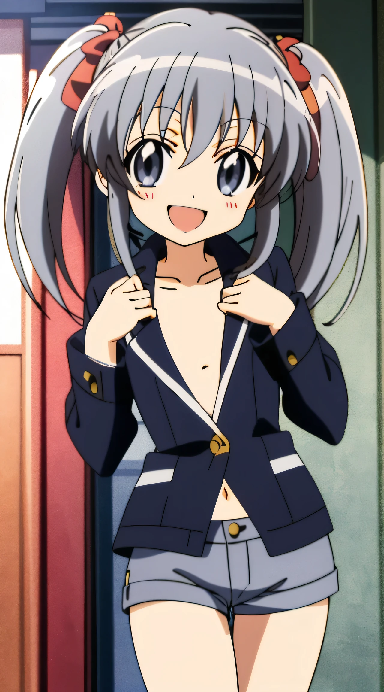 Silver Hair、Grey Eyes、Twin tails、Put on a jacket、、Flat Chest、Short、topless、hot pants、Big city、High resolution、highest quality、Detailed face、Anime Moe Art Style、abdomen、Cowboy Shot、smile、indoor、healthy、Puffy nipples、anime best girl, cute anime girl