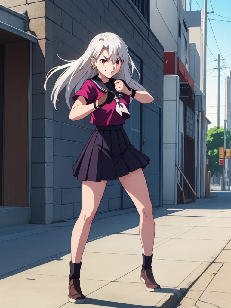 cartoon, sukeban illyasviel_von_einzbern, mature_female, silver hair, holding yoyo, combat pose, full body, flowing hair, hair between the eyes, asymmetrical hair, red eyes, delicate facial features, sukeban deka clothe, looking_at_viewer, outdoors, background tokyo, ((solo girl ))+++++, woman in a 80's sukeban seifuku standing on a set of strees, black , 80's japanese sukeban photo, sukeban seifuku,  80's japan, sukeban, long black skirt, red converse, full body, light skin tone female, full body, tape, arm_support, gloves, red_gloves, bridal gauntlets, blackred_footwear, fighter outfit, full body, hourglass, mature face, cheeky smile, cheeky face, wrinkles,( silver long hair, earrings, ear piercings), (fighting art, Martial arts, standing, fighting_stance, fight, fighting), extra colors, 2D, megapixel, perfectionism, accent lighting, full HD , 4K, masterpiece, empty red eyes,  extra colors, 2D, megapixel, perfectionism, accent lighting, full HD , (Masterpiece:1.2), (full-body-shot:1),(cowboy shot:1.2), (Highly detailed:1.2),(anime Detailed Face:1.2), Colorful, A detailed eye, (Detailed landscape:1.2), (natural lighting:1.2), ((sukeban school teacher)) by Vincent Di Fate: Aidyllery, Anamorphic Shot, rule of thirds, face by Artgerm and WLOP, ((street of rage 4 city backround)), fictive city backround in the style art of street of rage 4,