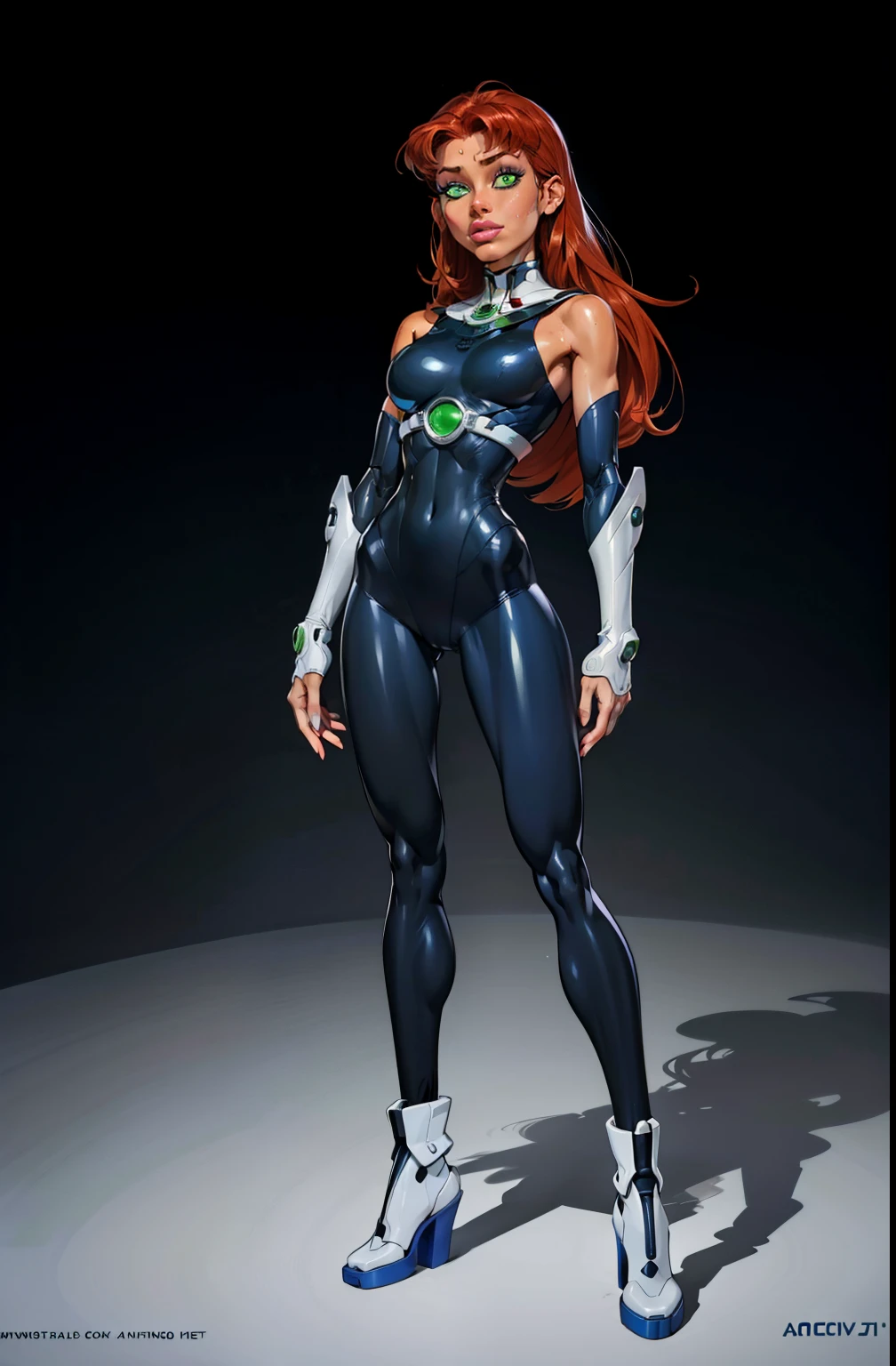 a, small, full body, standing on her feet, futuristic background, sexy appearance, starfire, red hair, ((orange skin)), makeup, mascara, long hair, beautiful eyes, large iris, ((green eyes)), Lips are soft or colored, simple black background, simple color palettes, clean, Crisp drawings, fluid silhouettes,vintage futuristic clothing, retro futurism, retrofuturism, Asymmetric, geometric, purple and silver astronaut clothes, Different designs, simple silhouettes, Technology style, future, high fashion, Simplicity and sophistication, blue, blue color, sexy, slim, short outfit, sexy, Erotic, cleavage, youthful appearance, sweaty, in a robot, Evangelion