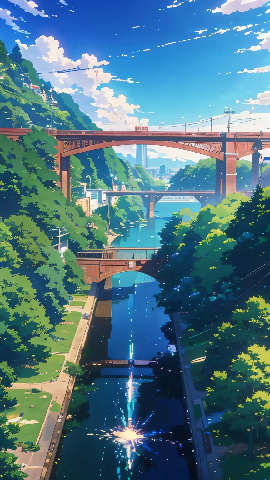 anime scene of a bridge with a train crossing over it, anime movie background, beautiful anime scene, beautiful anime scenery, anime scenery, anime scene, anime screencaps, anime screencap, anime background art, style of red line anime movie, colorful anime movie background, makoto shinkai movie, studio ghibli anime screenshot, anime movie screenshot (in the middle of forest)(greenery view)(view from the top angle)