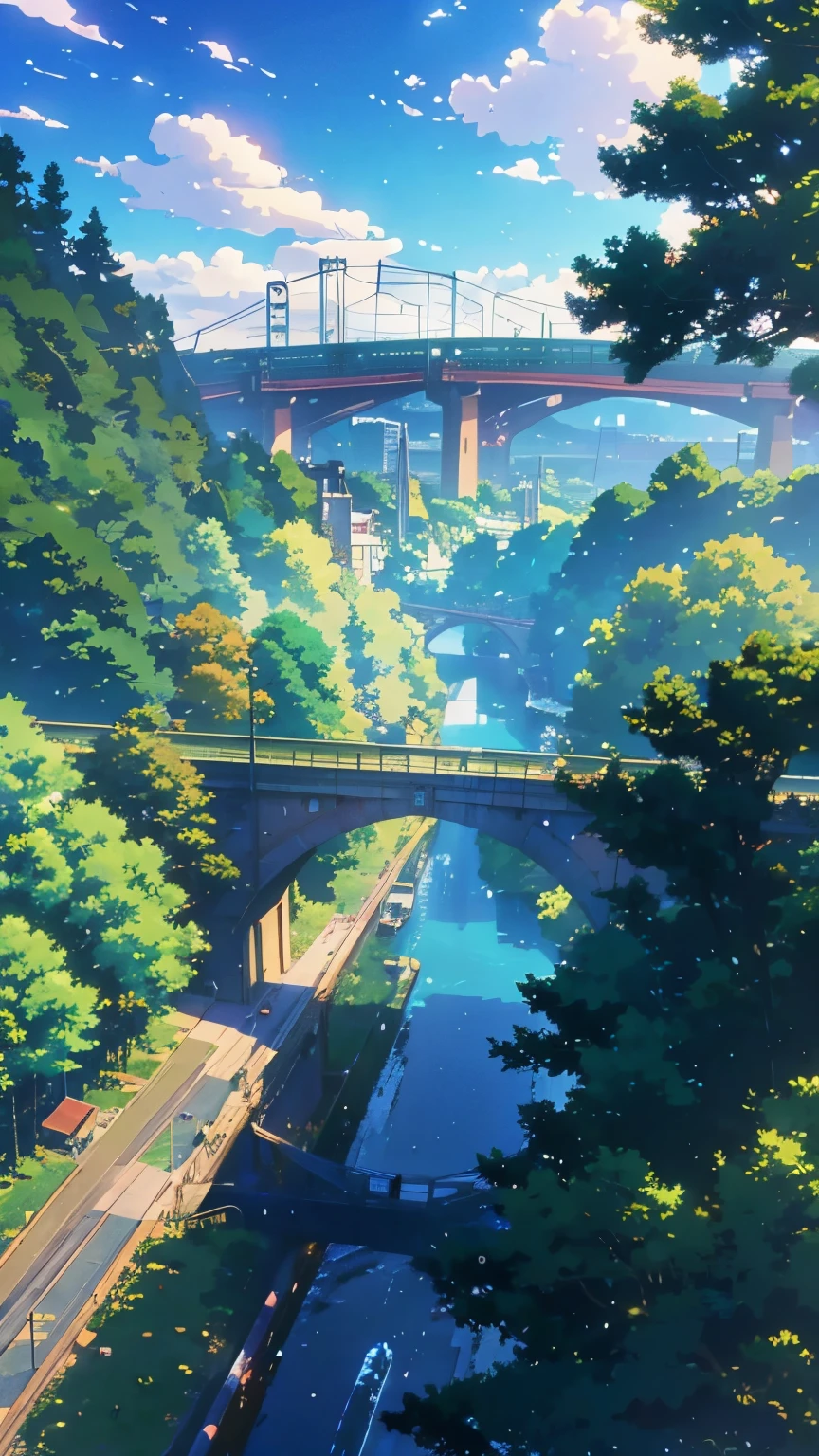 anime scene of a bridge with a train crossing over it, anime movie background, beautiful anime scene, beautiful anime scenery, anime scenery, anime scene, anime screencaps, anime screencap, anime background art, style of red line anime movie, colorful anime movie background, makoto shinkai movie, studio ghibli anime screenshot, anime movie screenshot (in the middle of forest)(greenery view)(view from the top angle)
