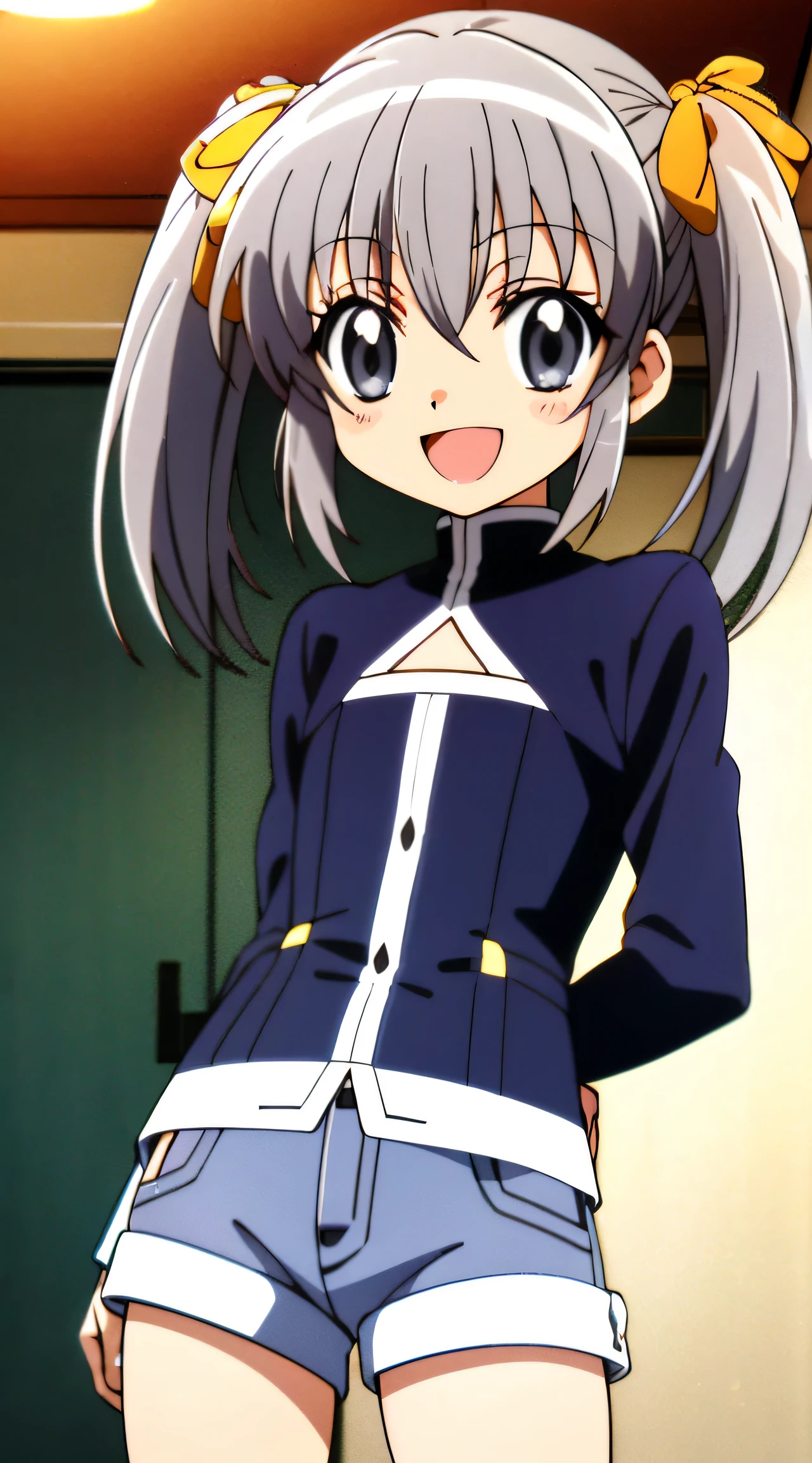 silver hair、gray eyes、twin tails、flat chest、、skirt、he is short、High resolution、highest quality、detailed face、beach、anime moe art style、kick、panties、Panty shot、raise your legs high、cowboy shot、
