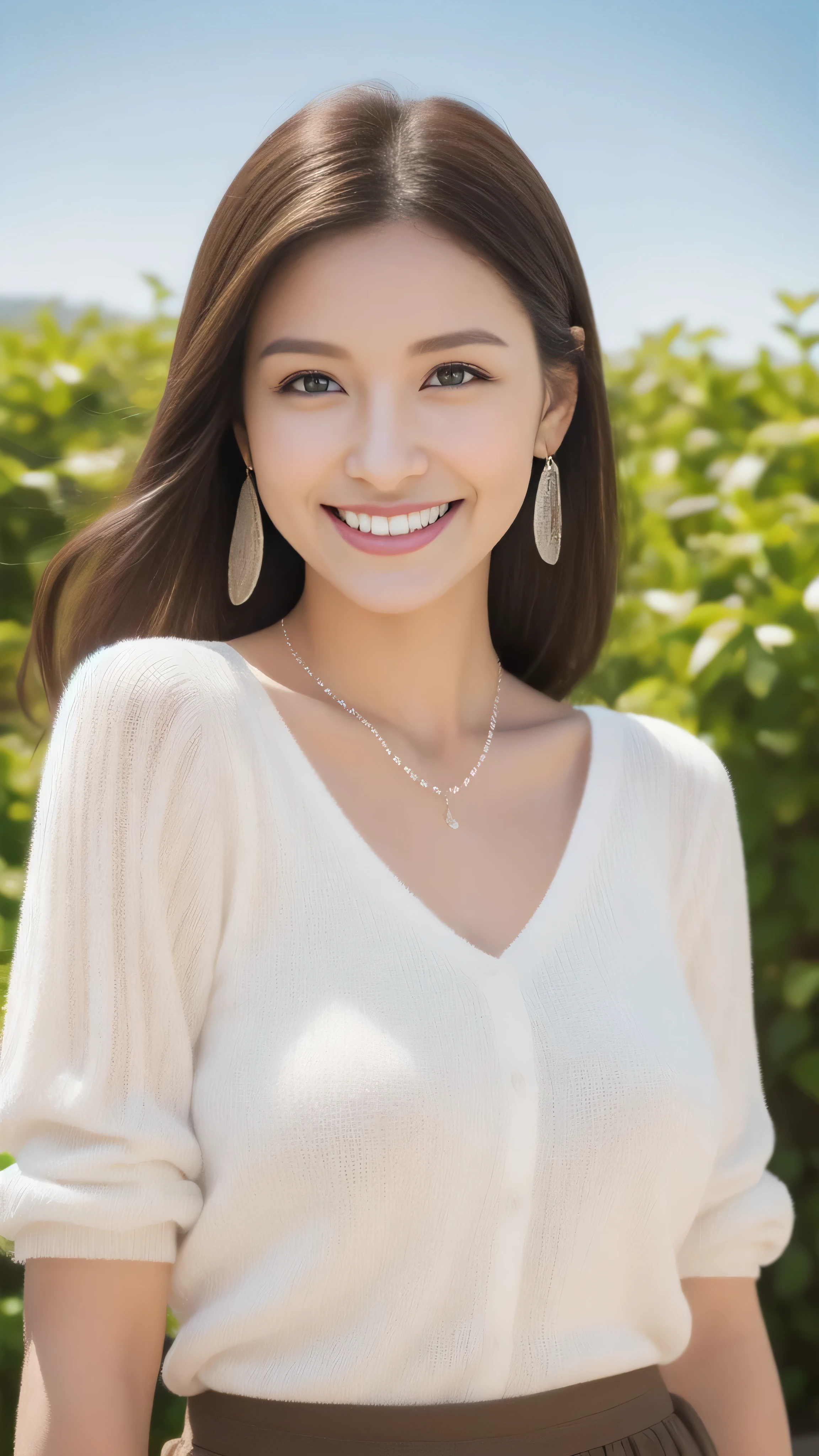 Hostess's face、Married women、Married Woman、Beauty、White knit shirt、skirt、high quality、Super Ultra Realistic、healthy、smile、Perfect figure、Japanese Beauty、 necklace、Earrings、Perfect eyes, beautiful skin、Upper Body、looking at the camera、blue sky、port
