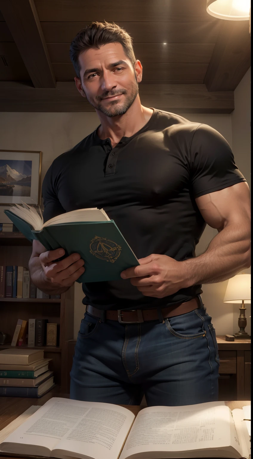 Un hombre musculoso salvaje, (40 year old daddy:1.3), 1 chico, Solo, (camisa de vestir blanca ordenada), (pantalon negro), pelo negro, (hombros grandes), musculatura, rastrojos, barba corta, ojos bonitos:1.3, ), (cara detallada:1.3), Usando lentes, smiles, (leyendo un libro), dynamic angle, volumetric lighting, (mejor calidad, A high resolution, fotorrealista), cinematic lighting, Obra maestra, foto cruda, detalles intrincados, hdr, profundidad de campo, cuerpo completo jeans