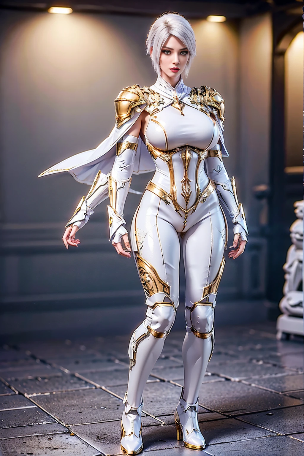 8k, HDR, ultimate-realistic texture, sharp texture, highres, best quality. Futuristic character, Full body, slender, (slim body), tall and fit body, short hair, white hair, wearing gold mecha armor, white body stocking, wearing pants, boots, wearing (knee guard), gloves, pauldron with cape. standing perfectly in the castle.