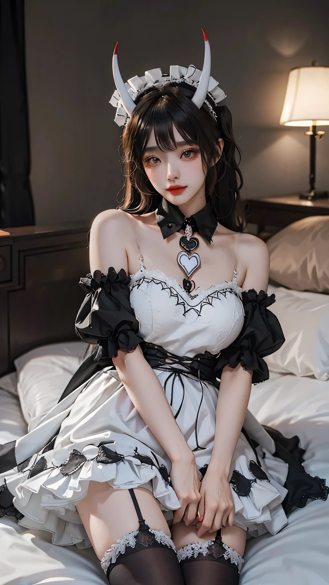 noshiro cosplay costume, cosplay,maid,apron,horns,black thighhighs, ((Yushuxin,1 Girl,Solitary)), Warm colors, Atmosphere, 4K, masterpiece, high resolution, ridiculous, Bare shoulders, Sexy long legs, on the bed, Strike a pose, brown wavy hair, lust, eyes, Shy, Pure Desire, Tempting, Sexy pose, Big breasts, Very detailed face, Light and delicate makeup, Charm and sophistication, Attractive posture, beauty, grace, lifelike, Very detailed, amazing, beauty的, Young and energetic, Charming model