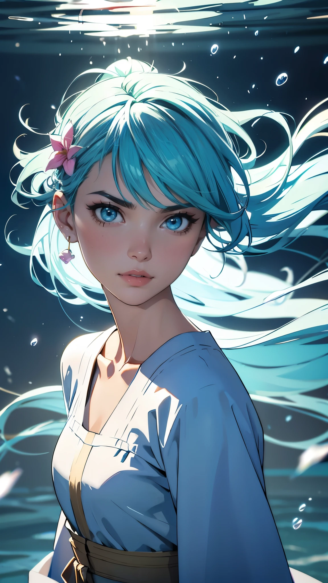 (masterpiece), (highest quality), (Super detailed),(Disheveled Hair),(figure), (One girl), (Fashionable clothes), Are standing, Fashion Model, View your viewers, (interview), (Simple Background),Beautiful fine details, Delicate and beautiful face, floating,(High saturation),(Colorful splashes),Colorful bubbles,(The Shining), Focus on the face,  ponytail, kamisato ayaka, Light blue hair, bangs, Hair Ring, Floating Flowers, Floating hair, (The Shining), Best lighting, Best Shadow,