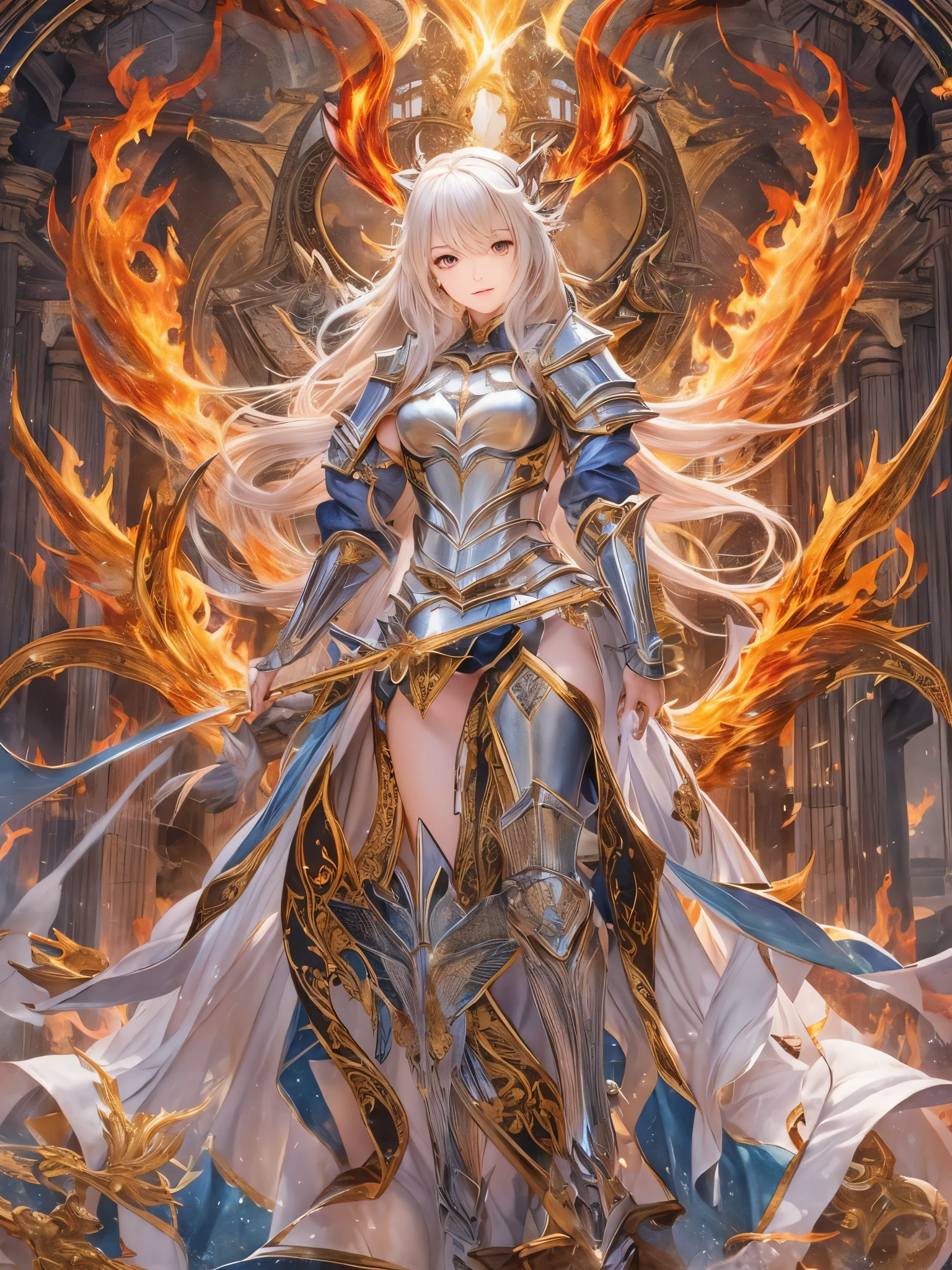 highest quality)),(超A high resolution),(Ultra-detailed),(Detailed depiction),((Best Anime)),(A masterpiece),Sharpness,Claire,super precision art,The art of astonishing depiction,Beautiful fantasy art with intricate and detailed details, (Flowing light:1.6),, (1 adult female:1.5),((Magic Knight:1.5)),(Asymmetrical magical armor with intricate and beautiful reliefs.:1.3),(Flames Gathering at Your Fingertips:1.3)