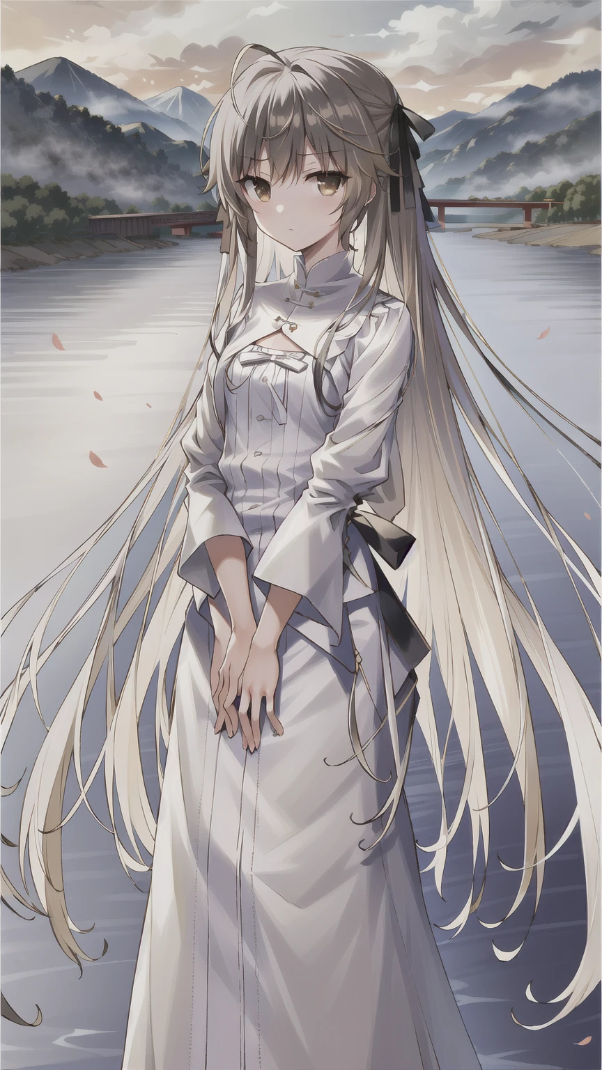 ((masterpiece:1.4, best quality)) ,Kasugano Sora,Elegant and beautiful girl,Brown eyes,Long straight hair，Drunk in the Red Dust，Dongfengpo，Bridge over the River，Boat Ferry，Apricot blossoms are slightly raining，The landscape is picturesque，Jiangnan Misty Rain，Chinese style water sleeves Hanfu
