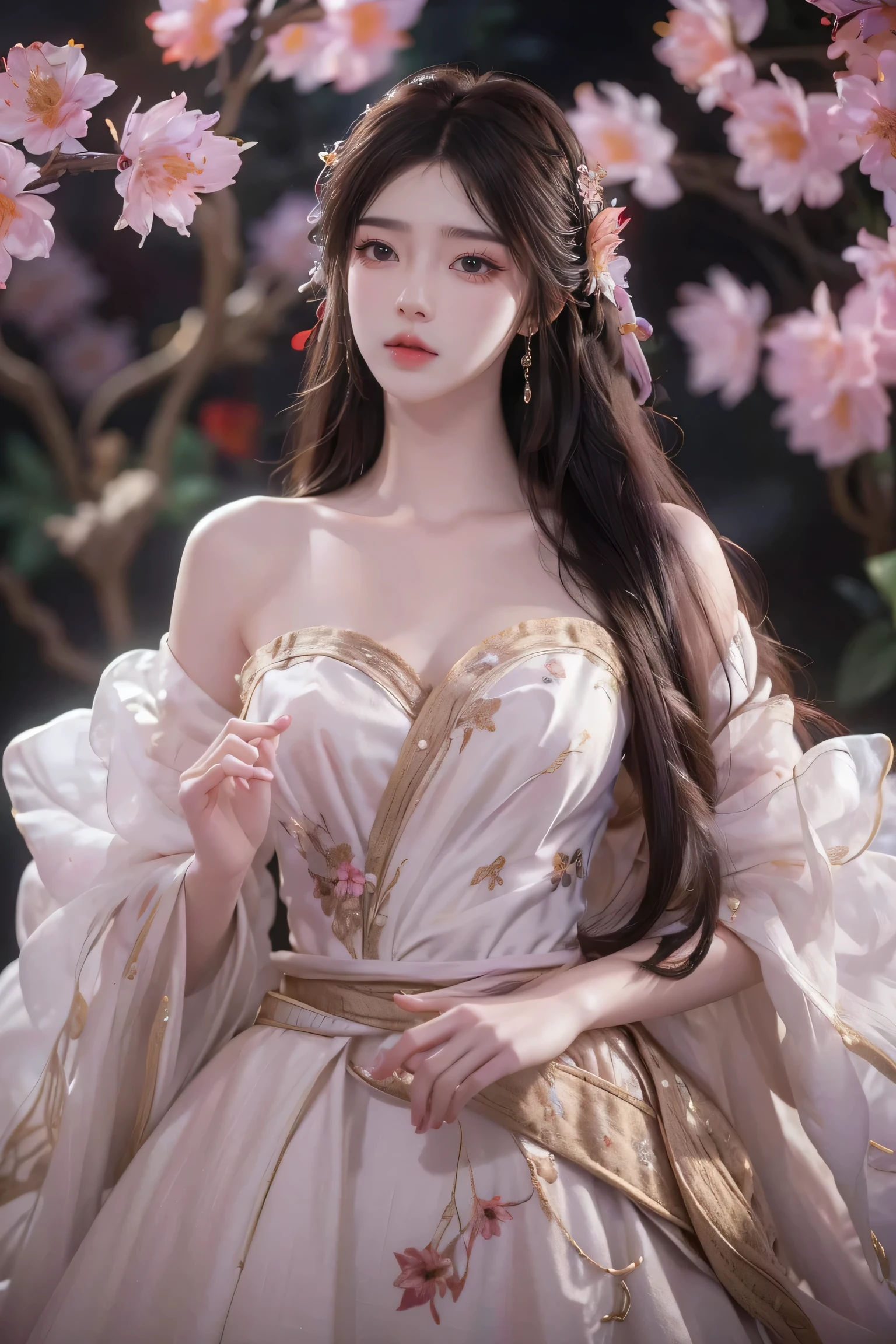 (Best quality,8K,A high resolution,Masterpiece:1.2),Ultra-detailed,(Realistic,Photorealistic,photo-realistic:1.37),Portrait,Creative style artwork,Historical,classical,Sophisticated,plethora of colors,Highly detailed,Soft lighting,luxurious environment,detailed gown,Vibrant flowers,detailed jewellery,Ethereal atmosphere,Elegant Pose,red dress,Graceful curves,Gold body proportions，Flowing hair,Breathtaking textile patterns,Harsh purple eyes,Delicate floral decoration,A dazzling array of crystal accessories,Mysterious and dreamy atmosphere,Impeccable attention to detail.