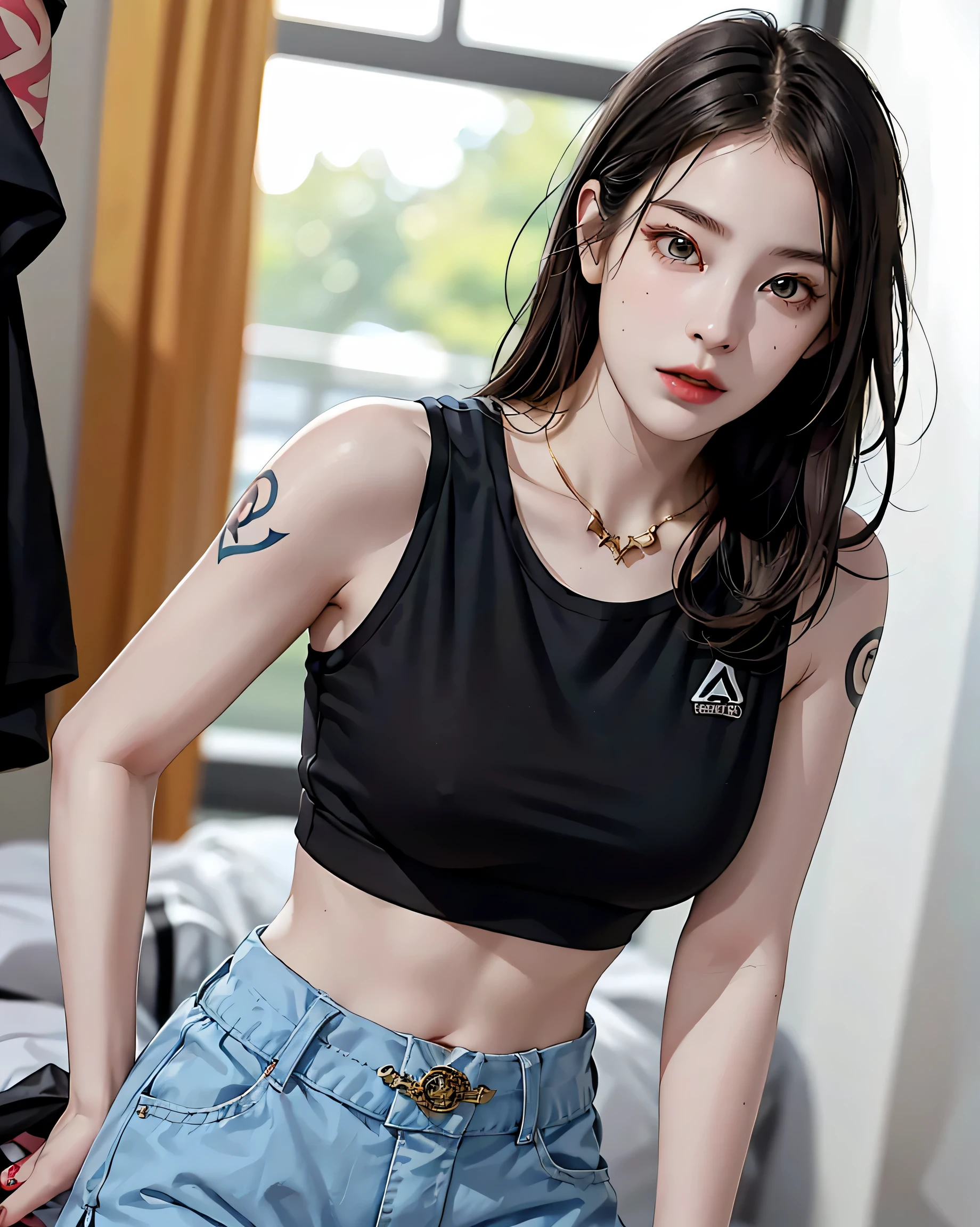 (NSFW:0.7), Perfect Style, Beautiful Face, Highly detailed face and skin texture, (Maximum resolution: 1.2), 1 female,Hip Up, jewelry, (((Has a lot of tattoos all over his body)), Streetwear, Sports Bra, Golden Hair, Shorts, sneakers, (((Narrow waist))), ((Big Breasts))
