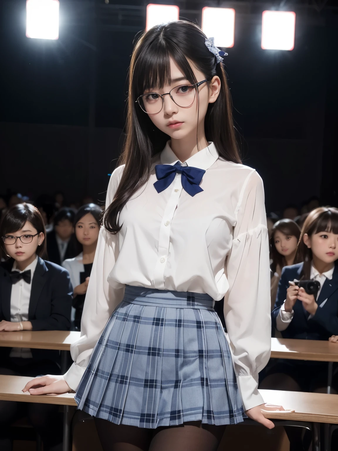 (I can see your underwear),(8K、Writing、Highest quality、masterpiece:1.2)、Flat Eyes、Confused eyes、Chromo - White skin,Saucy,School,Watching the audience,Looking at the front,Erotic,((Black Pantyhose)),Disorganized,Small face,,Flat chest,前hairを真ん中から分けて、The forehead is visible,(Cold look,Tight eyes,Glare,strong,Are thin,anger)、masterpiece,Highest quality、Ultra-high resolution、Writing真、Benevolence、beautiful shit、one person、solo、Glasses、Dark Look、Small breasts、丸Glasses、JK、high school girl、Japanese women、(standing straight)、(PhotoReactive:1.37)、Photon Mapping、Real、Beauty、Cute face、Brown eyes、Black socks、(Red bow tie)、Radio City、Physically Based Rendering、Depth of written boundary、Blurred Background、image、body、Beautiful feet、Long legs、Thin legs、(前hairが見える)、hair、lips、Blue_The目、nose、(Light blue shirt)、(Navy, blue and white plaid pleated skirt)、I can see your knees、See-through clothing、Thighs、black cotton socks、Nogizaka Idol、、Japanese Ido