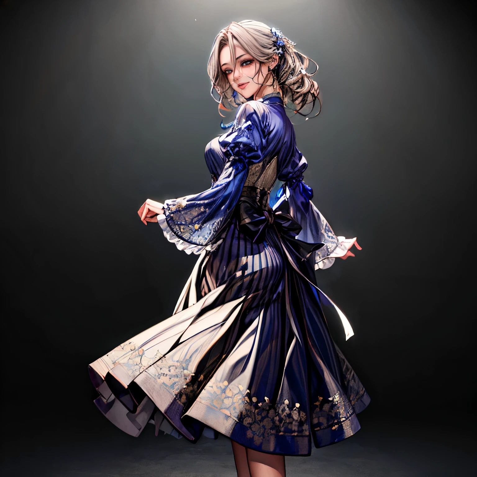 (highest quality,8k,masterpiece:1.2), Please draw it realistically like a real photo.。Very detailed,1 girl,Beautiful fine details,Beautiful and detailed mouth,Very detailed顔と表情,Beautiful eyelashes、,Grey and two-tone,She was wearing a dress and a long skirt.,A kind smile、Three-dimensional figures,Surrounded by dramatic lighting、Has a rich expressiveness。The work is、(highest quality,4K,8k,High resolution,masterpiece:1.2),Very detailed、Full body shot of a person、this is、The viewer is looking at the person from behind..。The screen background is Very detailed、Caustics with detailed background、Create beautiful portraits。このThe work is、Use vibrant shades for your colors、Beautiful lighting enhances the overall atmosphere。Make her look stunning with a full body photoshoot。