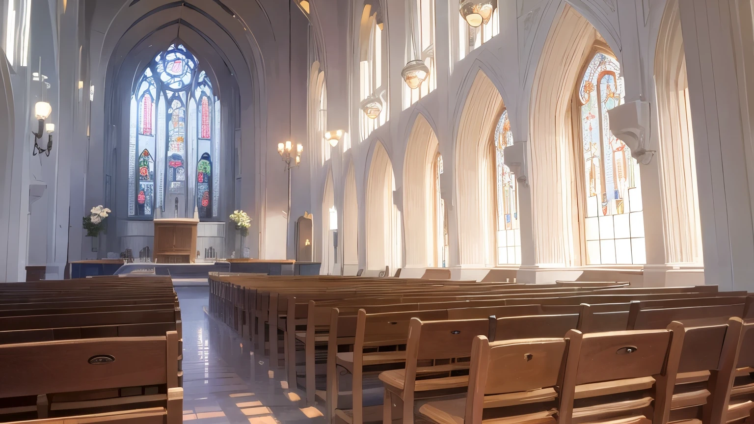 church、Stained glass、Lots of chairs