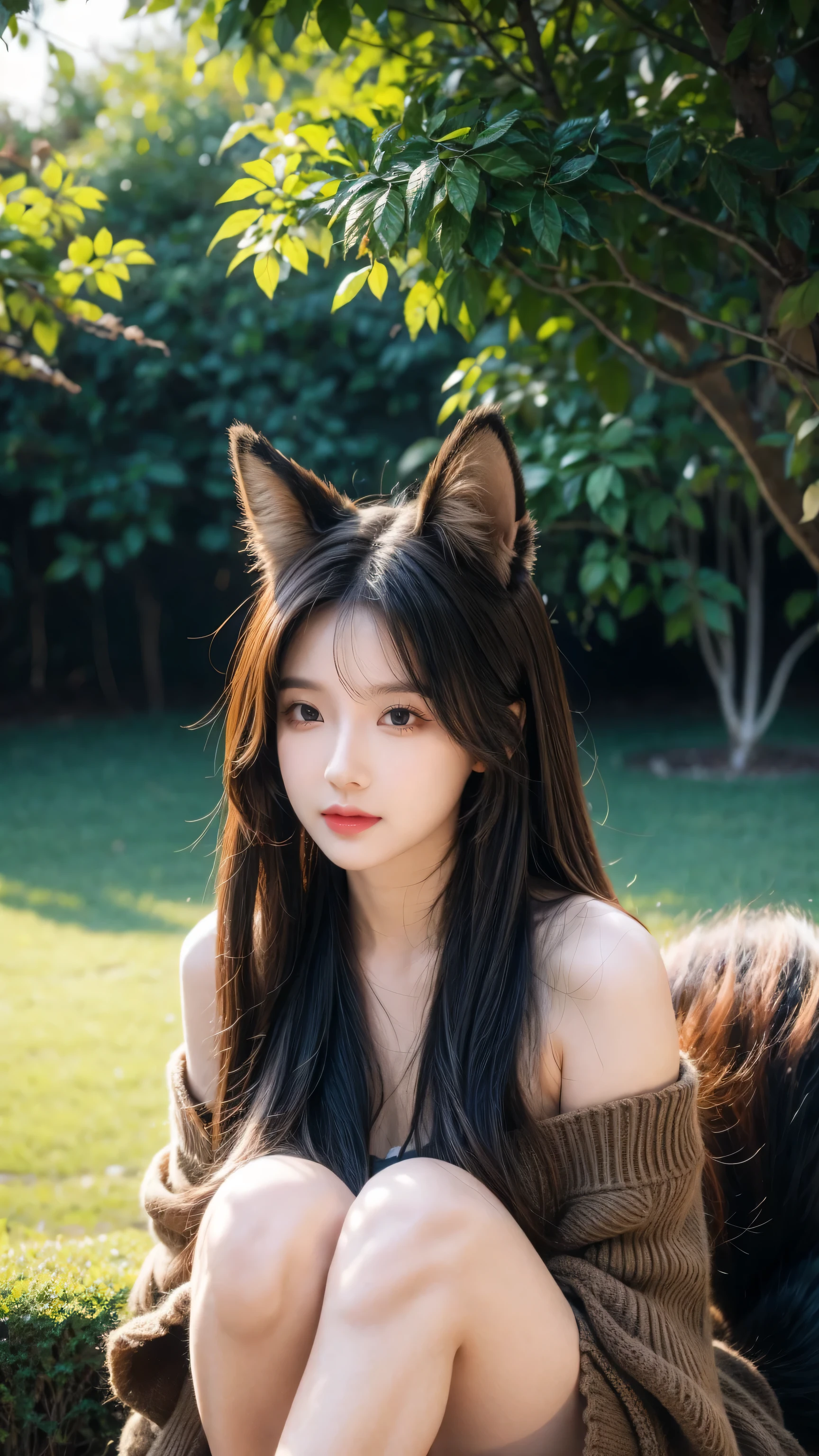 fox, (Monster Girl), long brown ears,Dark brown inside, Brown fur, Tepia neck villi, Brown fluffy tail,The tip is brown, Big brown eyes, dressed sober clothes, sitting in the garden, masterpiece, best quality