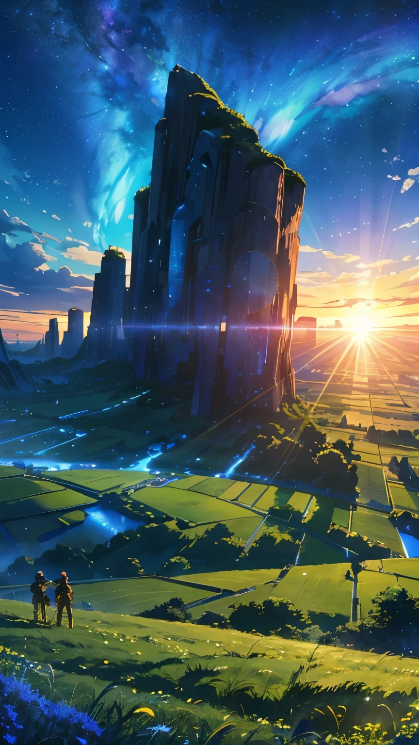 The vast sky, beautiful skyline, large grasslands, extremely tense and dramatic pictures, moving visual effects, the high-hanging Polaris, and natural light with bright blue glass like sky and bright sun and greenery land