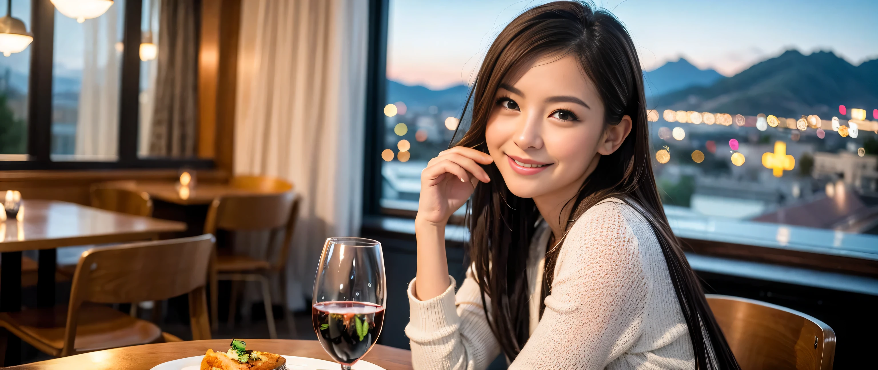 ((highest quality、8k、masterpiece:1.3))、Sharp focus:1.2、Beautiful woman perfect body:1.4、Slim body、((Bob Hale、Straight hair:1.2))、(to be born, highest quality, masterpiece:1.5), (Realistic, Intricate details:1.2), Ultra-high resolution, Spectacular view of the sunset sky and clouds、Amazing mountain views、A bright smile、wine glass、red wine 、Appetizer、Italian food、Wine bottle、Champagne、sparkling wine、, Beautiful Face, blue eyes, The light shines on your face, Blushing, short hair,Bright Face、Fox face、 (36 years old), 39 years old, Lady、Two beauties、brown hair、Shortcuts、Long sleeve shirt、dress、Pretty Woman 1, (slim face), (The body is slim), (brown hair), (Shortcuts), cheeks turn a little red,charming beauty、, Out of the window, A beautiful and detailed night view unfolds.........., restaurant, In a prominent place (From the waist up) Nova Frog Style, actress, model, Upper Body, White wine, slim, wine glass, A wine glass placed in the middle, smile, (smile: 1.15), Beautiful fine grain, Depth f/2,saturation, High Contrast, Strong light and shadow,Moist Body:1.5、3D texture、Delicate eyes、brown hair、The hair is very shiny、
