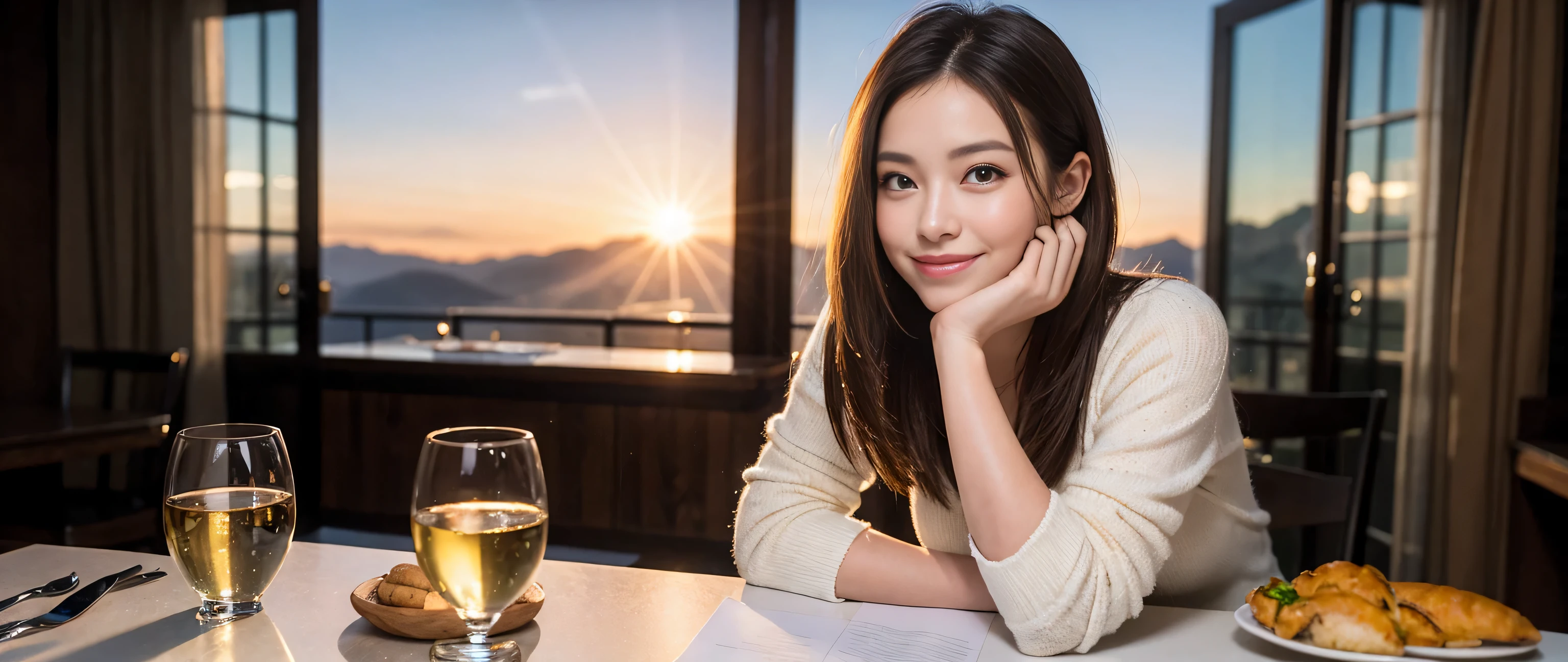 ((highest quality、8k、masterpiece:1.3))、Sharp focus:1.2、Beautiful woman perfect body:1.4、Slim body、((Bob Hale、Straight hair:1.2))、(to be born, highest quality, masterpiece:1.5), (Realistic, Intricate details:1.2), Ultra-high resolution, Spectacular view of the sunset sky and clouds、Amazing mountain views、A bright smile、wine glass、red wine 、Appetizer、Italian food、Wine bottle、Champagne、sparkling wine、, Beautiful Face, blue eyes, The light shines on your face, Blushing, short hair,Bright Face、Fox face、 (36 years old), 39 years old, Lady、Two beauties、brown hair、Shortcuts、Long sleeve shirt、dress、Pretty Woman 1, (slim face), (The body is slim), (brown hair), (Shortcuts), cheeks turn a little red,charming beauty、, Out of the window, A beautiful and detailed night view unfolds.........., restaurant, In a prominent place (From the waist up) Nova Frog Style, actress, model, Upper Body, White wine, slim, wine glass, A wine glass placed in the middle, smile, (smile: 1.15), Beautiful fine grain, Depth f/2,saturation, High Contrast, Strong light and shadow,Moist Body:1.5、3D texture、Delicate eyes、brown hair、The hair is very shiny、