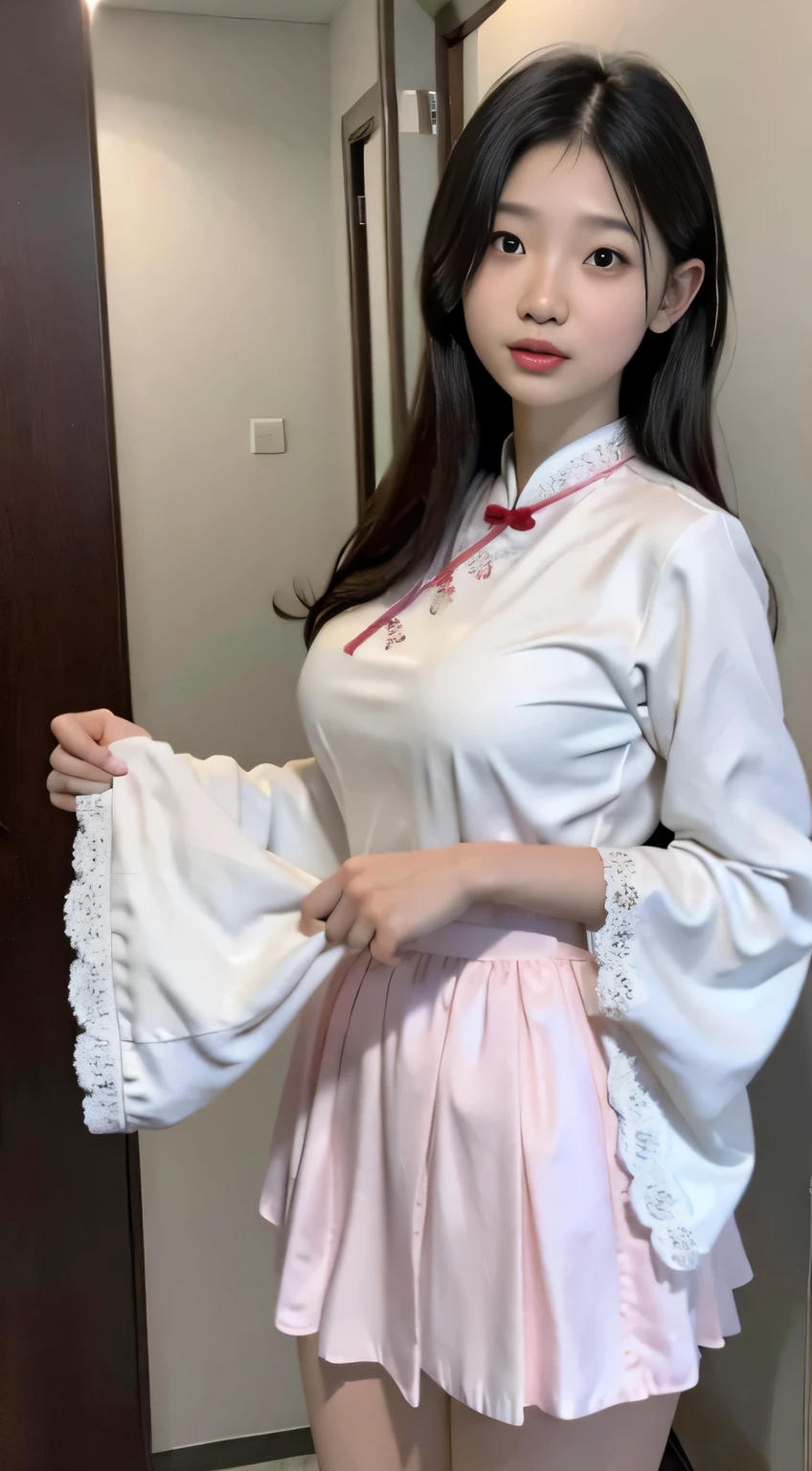 Master quality, highest quality, best picture quality, exaggerated details, a princess cute 10 year old asian with a shy expression, slightly squinted eyes, adjusting her hair, long eyelashes (long hair / very, very exaggerated big breasts, big / in pink white pentticoat, qipao dress silk parterm, short skirt lace), posing in front of the camera, wet breast see under wear, open hanfu