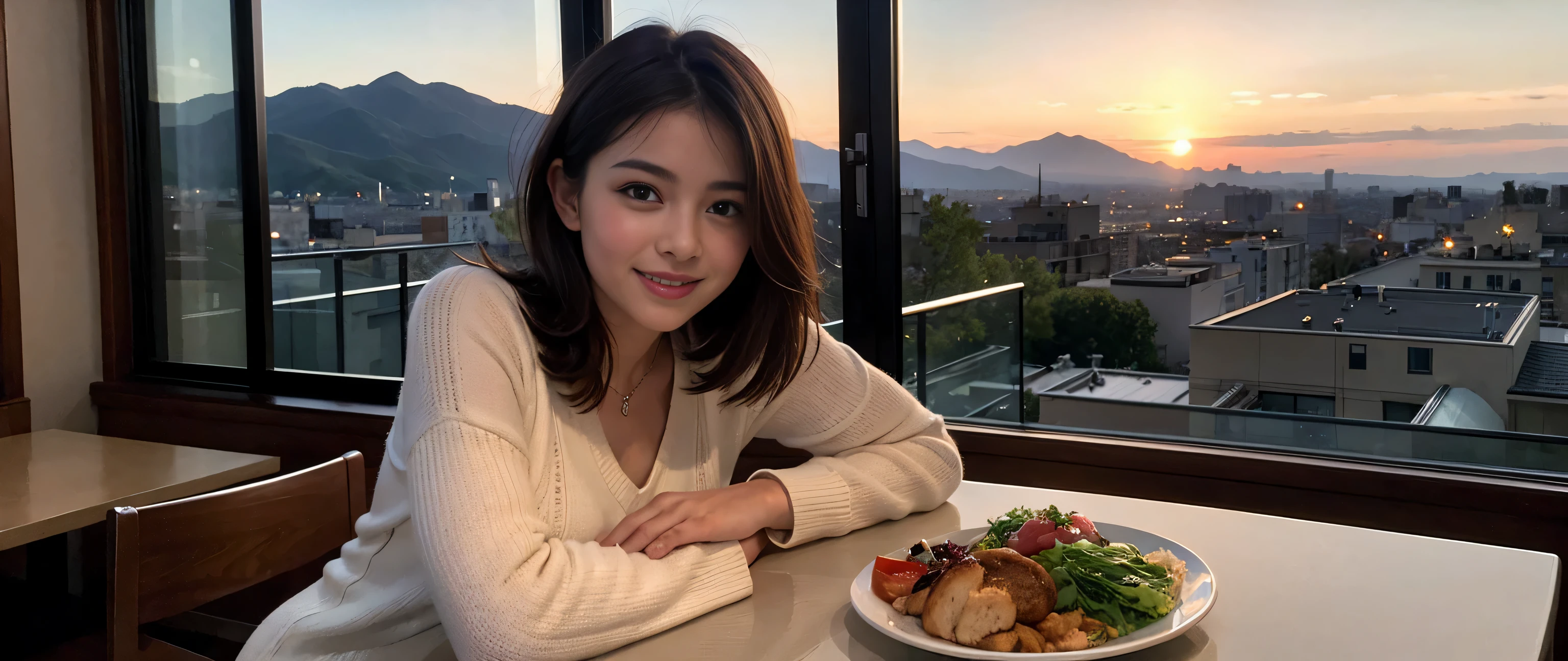 ((highest quality、8k、masterpiece:1.3))、Sharp focus:1.2、Beautiful woman perfect body:1.4、Slim body、((Bob Hale、Straight hair:1.2))、(to be born, highest quality, masterpiece:1.5), (Realistic, Intricate details:1.2), Ultra-high resolution, Spectacular view of the sunset sky and clouds、Amazing mountain views、A bright smile、wine glass、red wine 、Appetizer、Italian food、Wine bottle、Champagne、sparkling wine、, Beautiful Face, blue eyes, The light shines on your face, Blushing, short hair,Bright Face、Fox face、 (42 years old), 39 years old, Lady、Two beauties、brown hair、Shortcuts、Long sleeve shirt、dress、Pretty Woman 1, (slim face), (The body is slim), (brown hair), (Shortcuts), cheeks turn a little red,charming beauty、, Out of the window, A beautiful and detailed night view unfolds.........., restaurant, In a prominent place (From the waist up) Nova Frog Style, actress, model, Upper Body, White wine, slim, wine glass, A wine glass placed in the middle, smile, (smile: 1.15), Beautiful fine grain, Depth f/2,saturation, High Contrast, Strong light and shadow,Moist Body:1.5、3D texture、Delicate eyes、brown hair、The hair is very shiny、