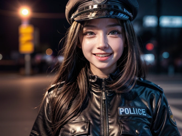 1girl wearing police uniform,smile, sticking her tongue out(8k,hd,ultrahd,realisric,hdr,detailed)