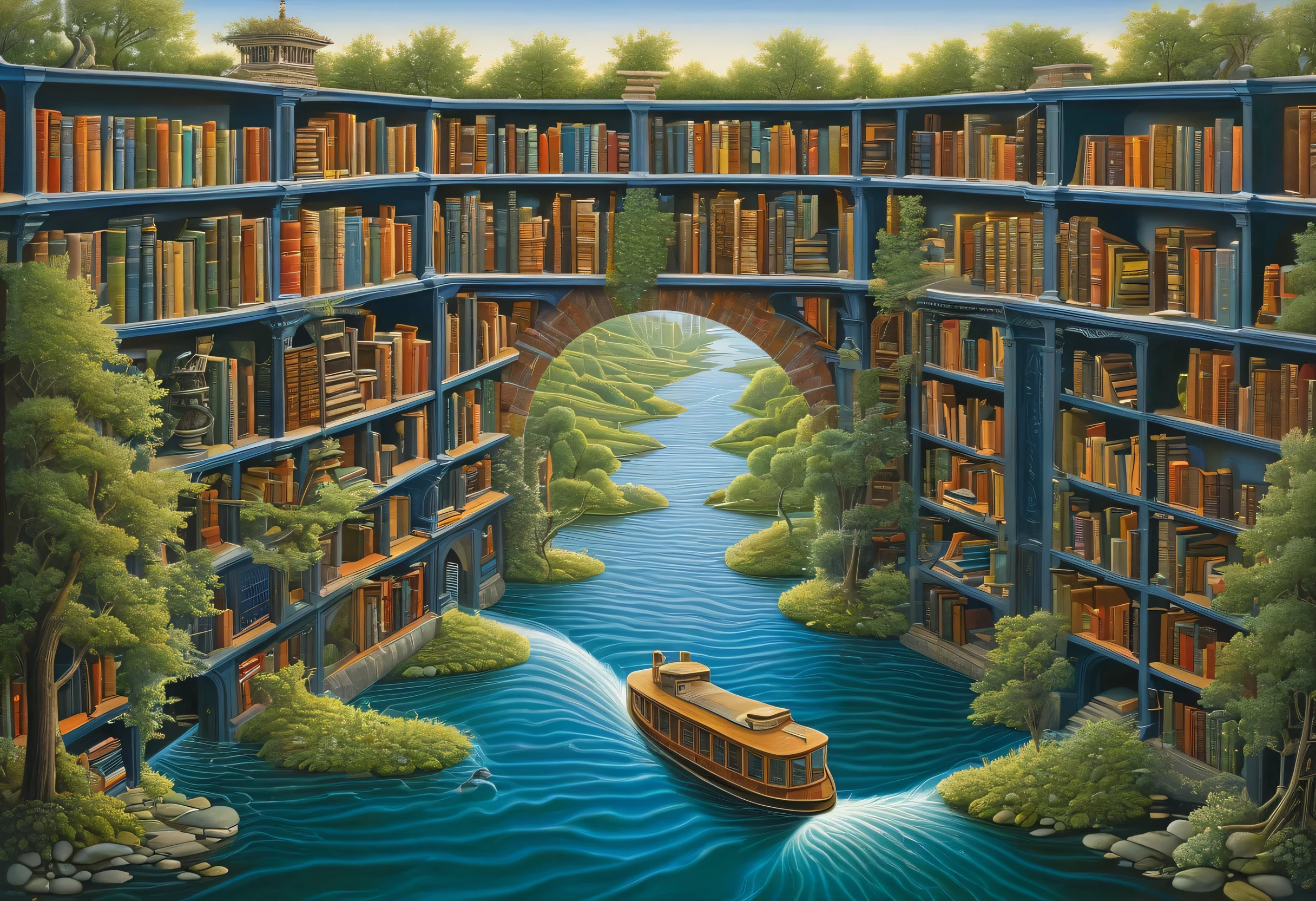 painting of a library with a river running through it, inspired by Jacek Yerka, endless books, by Jacek Yerka, jacek yerka and vladimir kush, infinite library, library of babel, an eternal library, by Alexander Kucharsky, rob gonsalves and tim white, the library of babel, borne space library artwork