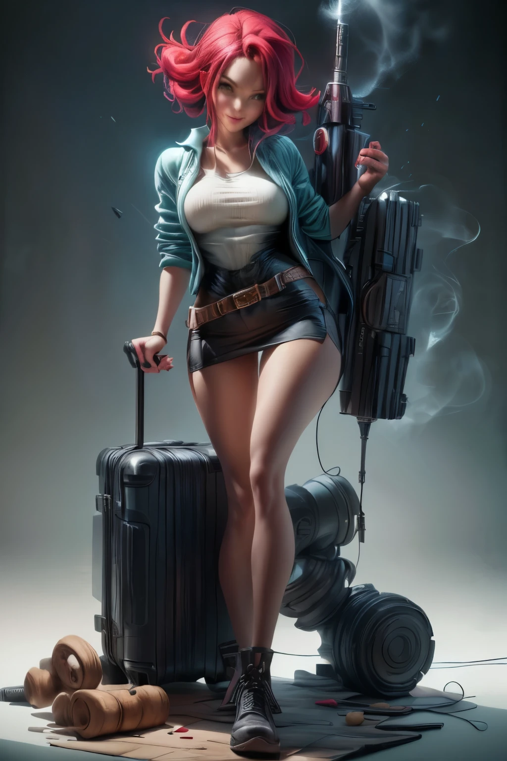 ((Long Shot:1.6)), Unreal Engine:1.4, Ultra-Real CG K, Realistic:1.4, Skin Texture:1.4, ((Artwork ung woman full body:1.5)), ((red hair green eyes, Full lips and a sensual smile:1.5)), Shaved side punk hairstyle, Tattoo, Gatling Gun, box, Looking at the audience, Dynamic pose, blow, Ammunition belt, gloves, big breasts, Shootout, Very detailed:1.4, More detailed, Optical Mix, playful pattern, Animated textures, Unique visual effects, pink leather miniskirt, pink jacket, masterpiece, Background Ruins and scrap metal, ((color, cyan, green, pink, 茶color : 1.2)), ((8K Realistic Digital Art.)), 32k