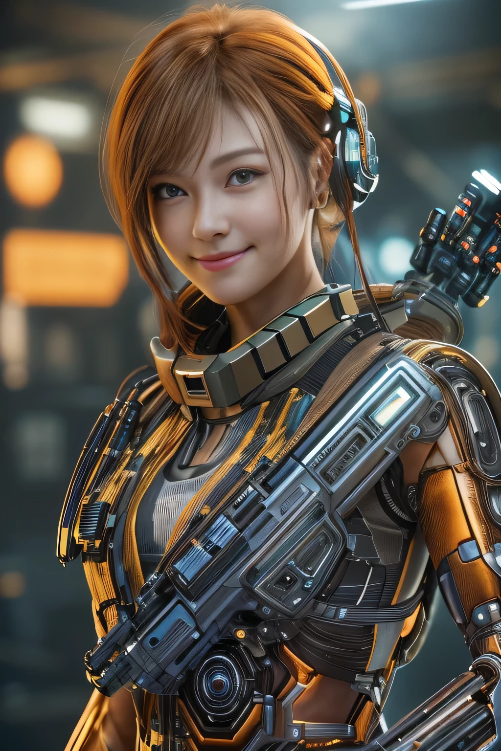 Glowing cyber girl with cybernetic arm,(See-through costume:1.3, )Stand on the post-apocalyptic battlefield.Surrounded by a network of wires. surrounded by circuits. (Cyber girl with a submachine gun:1.3), Shiny light brown and orange striped short hair,Cute Smile,Perfect round face,A bright smile that makes everyone happy,Proper body balance,Tabletop,Ultra-high quality output images,High resolution,Intricate details,Very delicate and beautiful hair,Photo realistic,dream-like,Professional Lighting,Realistic Shadows,Focus Only,Beautiful Hands,Beautiful fingers,Detailed characteristics of the fingers,Detailed garment features,Detailed hair features,Detailed facial features,