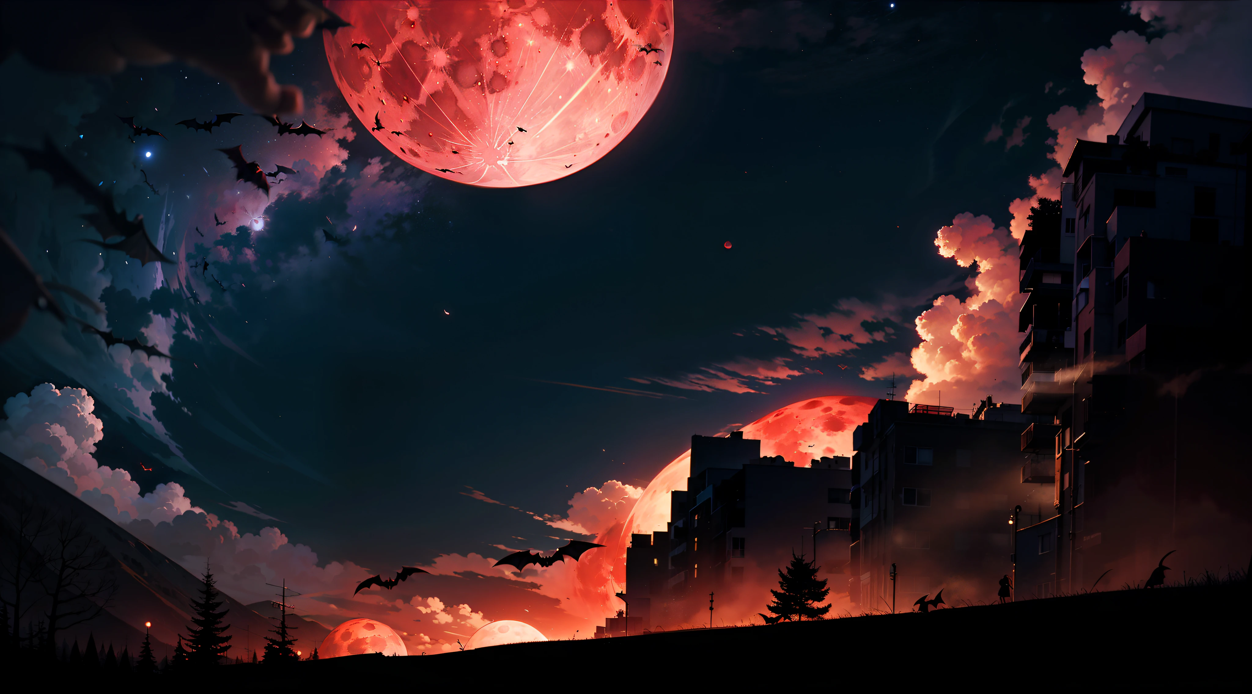 Huge red moon,A flock of large bats flew in front of the moon,Black Forest Stadium,A crimson mist spread