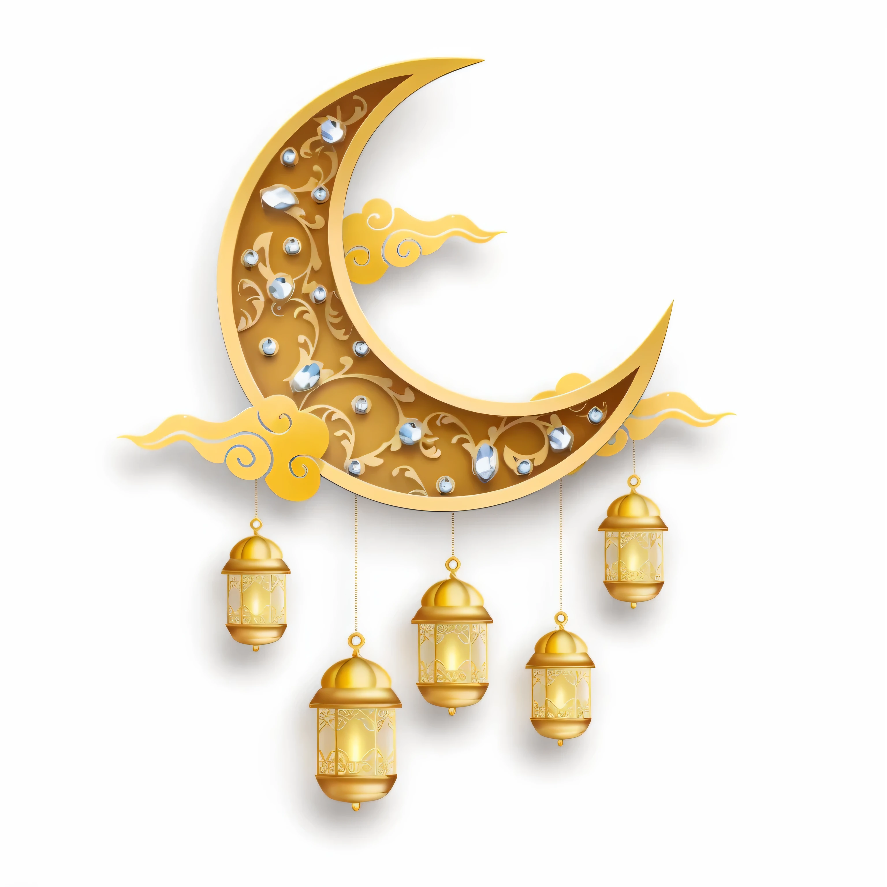 there is a crescent with bells hanging from it and a bird on the moon, nigth moon ligth, islamic, lantern, moon ligth, gold, traditional moon, ✨🕌🌙, chinese, noon, arabian night, silver, moon, cad, moon and candle, moonlit, grand, created in adobe illustrator, moon light in the top background