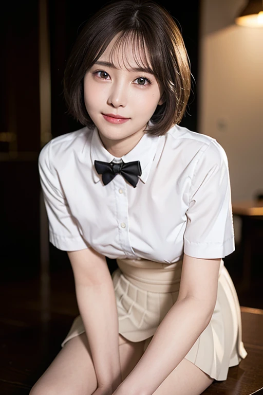(8k, RAW photo, best quality, masterpiece:1.2), (realistic, photo-realistic:1.37), ultra-detailed,
1 girl,cute, solo,beautiful detailed sky,detailed cafe,night,sitting,dating,(nose blush),(smile:1.1),(closed mouth),large breasts, seductive smile, large aparture, professional lighting, Sony A7R4, Zessie 50mm F1.8,
medium breasts,beautiful detailed eyes,(collared shirt:1.1), bowtie,pleated skirt,(short hair:1.2),floating hair 