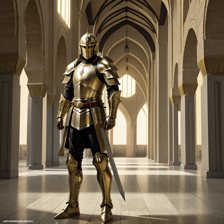Modern Heavily armored knight, masterpiece, medieval, detailed armor, fantastic armor, golden armor, in a mosque, amazing and unique sword in his hand, full body, solo,