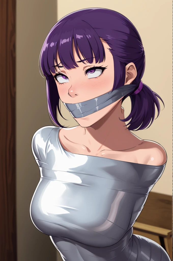 1girl, mummified, gagged, silver duct tape, off shoulder, bending over, arms behind back, purple hair, short hair, bangs, ponytail, blushing, slim, improvised gag, tape gag, gagged, duct tape, tape bondage, beautiful eyes, rolling eyes, orgasm