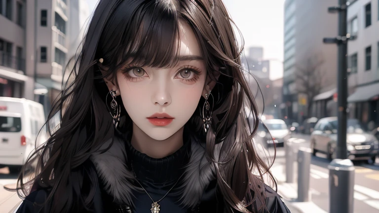 masterpiece, highest quality, pixiv, Cool girl, Lots of earrings, Earrings, Dark brown hair, fur, Blunt bangs, Straight bangs, Grey Eyes, Pale skin, gallon, Improve