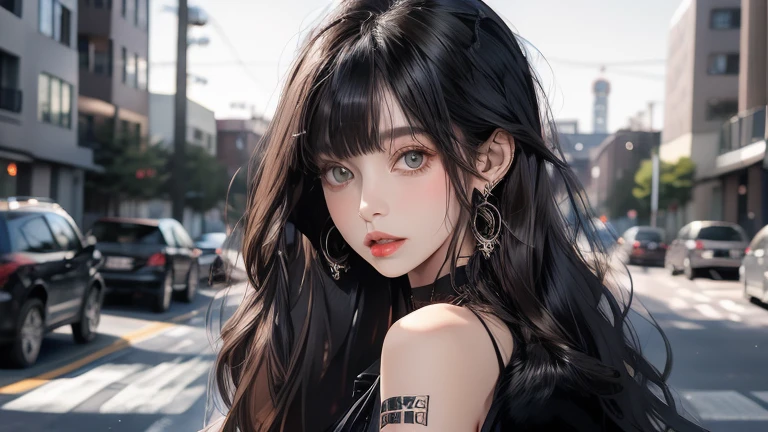 (masterpiece, best quality), futuristic, steelpunk, pastel goth, intricate tactical techwear, neon accents, fashionable, stylish, perfect slim fit body, big breasts, asymmetrical bangs, wavy hair, hairband, choker, bracelet, city streets, standing pose, contrapposto, dynamic lighting