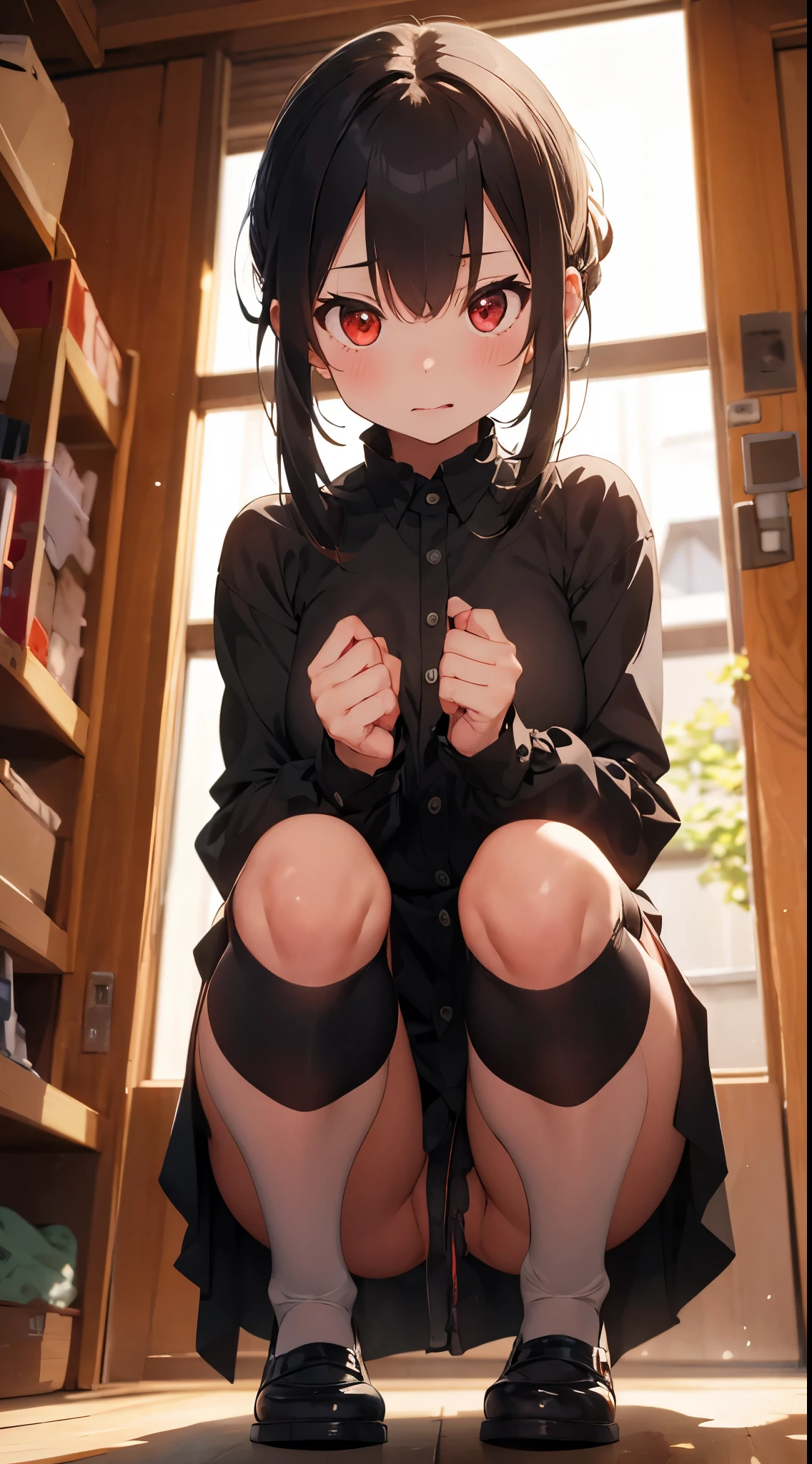 girl with, solo, gothic dress, rut, Lusting、 Thigh strap, Long sleeves, Black shirt、Show others what you're doing、nsfw、Naked pubic hair beautiful ,more_Details:1, more_Details:1.9、 Squatting, Looking Down from Below、(Expression of humiliation:1.8)