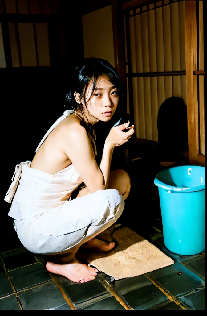 (Japanese Samurai Girl), In the Dark, Spotlight　(Lift your knees and straddle the Japanese-style toilet on the floor)　(Spreading feces and urine)　Brown water wet floor　Flip your ass　(Brown and dirty white loincloth)　Big Breasts　Sad face　　Wrap a cloth around your chest　(Transparent white skin) (Scary face)　(Concrete dark basement room)