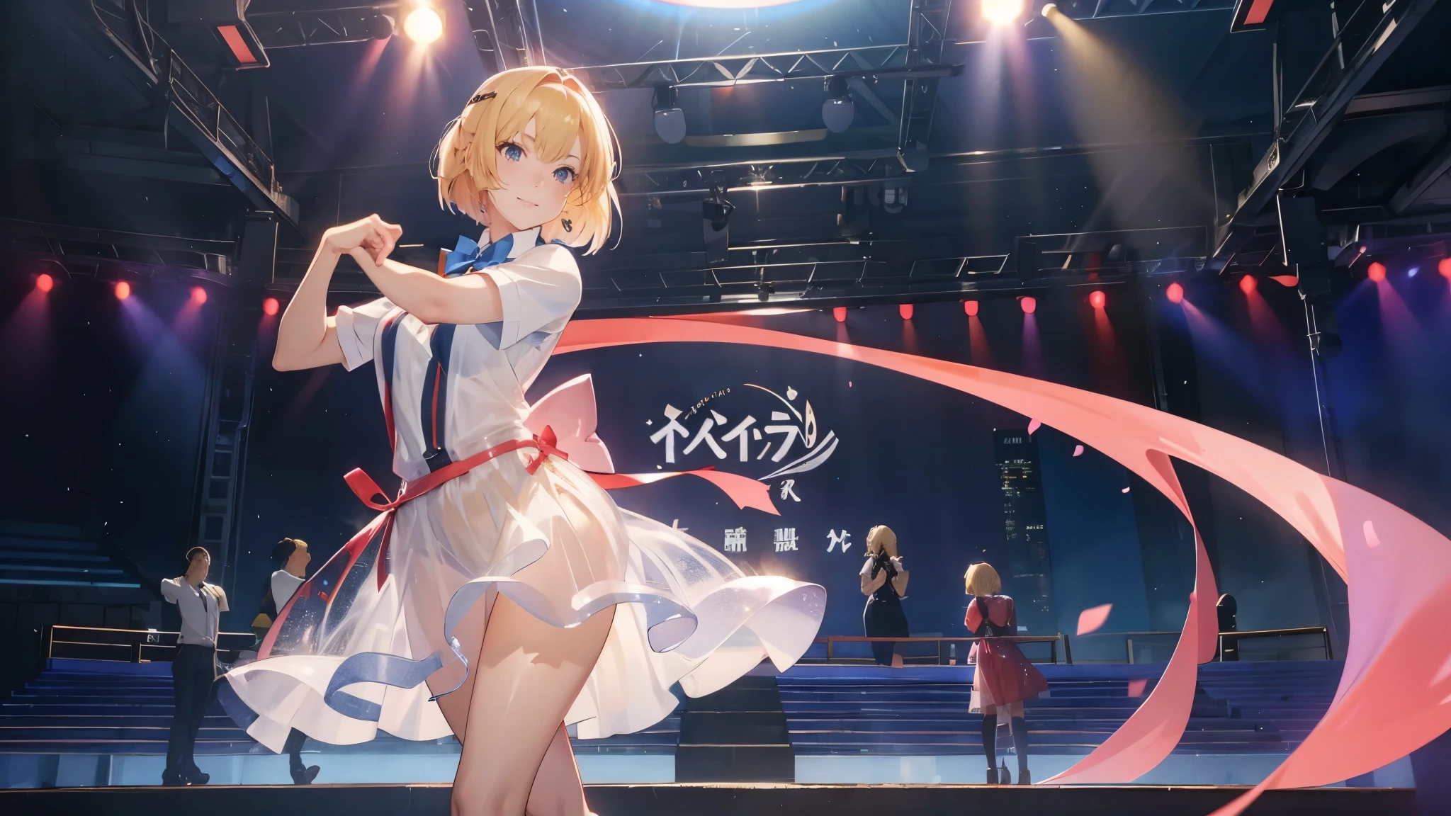 (RAW photo:1.2, photorealistic:1.3), masterpiece:1.4, best quality:1.3, Highest details:1.3, beautiful and aesthetic, extremely detailed CG unity 8k wallpaper,( vibrant colors:1.1), high resolution, see-through white short dress and a bow tie, anime visual of a cute girl, official character art, anime girl, official art, single character full body, anime full body illustration, full body portrait of a short!, female anime character, as an anime character, a-1 pictures, full body with costume, rei hiroe, anime best girl, blond bob hair, on the stage, dynamic pose, dancing, smile, 
