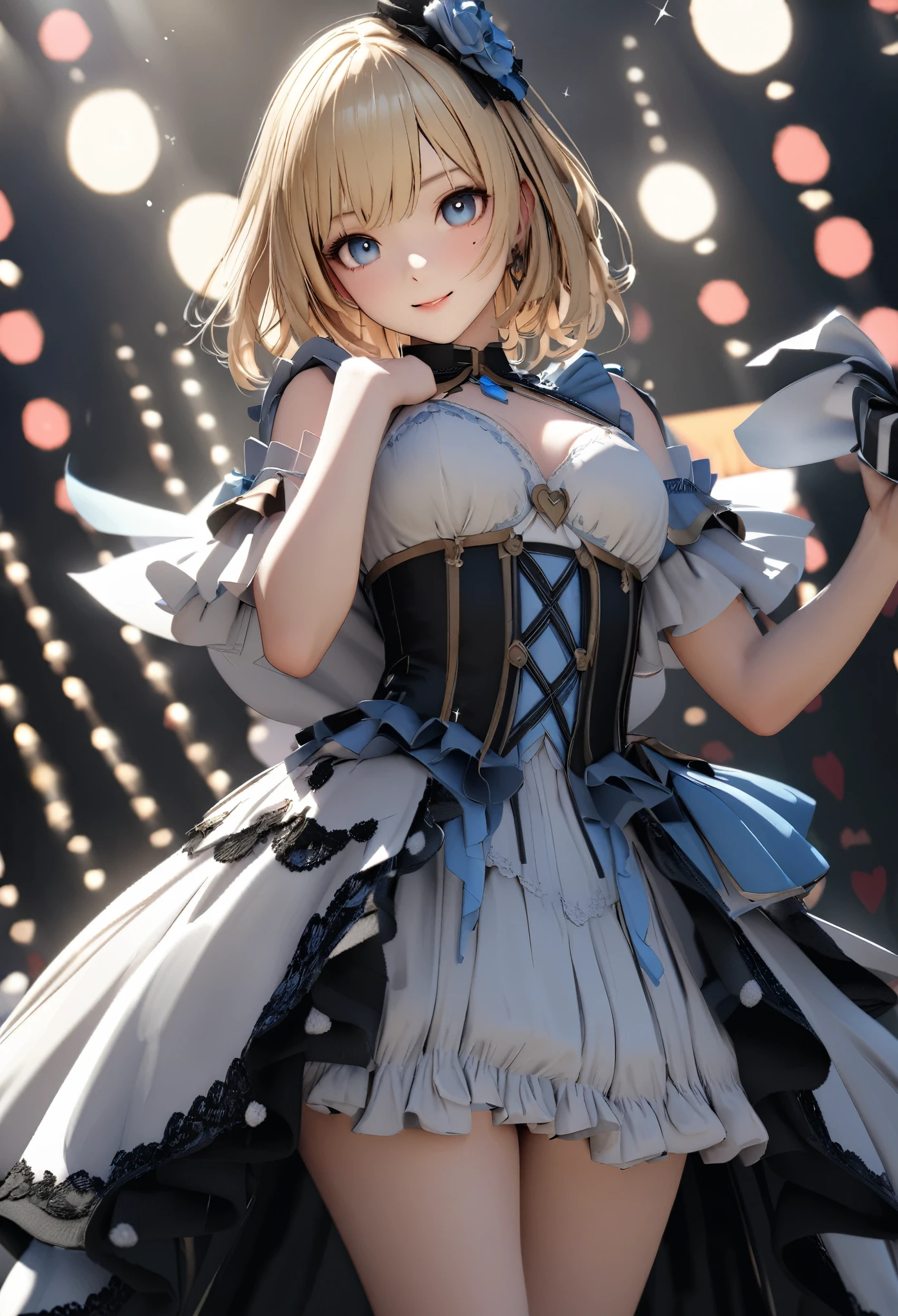 One Girl、Looking at the audience、
Beautiful Blue Eyes、Blonde Short Hair、Mole under the eye、Plump and glossy lips、Heart-shaped choka、Idol、smile、ー、。.。.。.。.。.。.。.。.。.。.。.。.。.。.。.。.。.。.3D、Realistic、
Princess dress with too many frills、Draped clothing、gem、Decorations have been removed、Floral、Lace trim、bright stage、
masterpiece、highest quality、8k、Detailed skin texture、Detailed cloth texture、Beautifully detailed face、Intricate details、Ultra-detailed、
超A high resolution、8k UHD、Film Grain、Best Shadow、Delicate、Staring at the audience、front