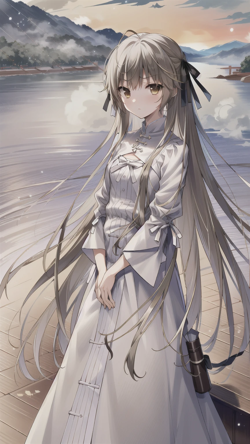((masterpiece:1.4, best quality)) ,Kasugano Sora,Elegant and beautiful girl,Brown eyes,Long straight hair,Drunk in the Red Dust,Dongfengpo,Bridge over the River,Boat Ferry,Apricot blossoms are slightly raining,The landscape is picturesque,Jiangnan Misty Rain,Ink painting style,Chinese style water sleeves Hanfu