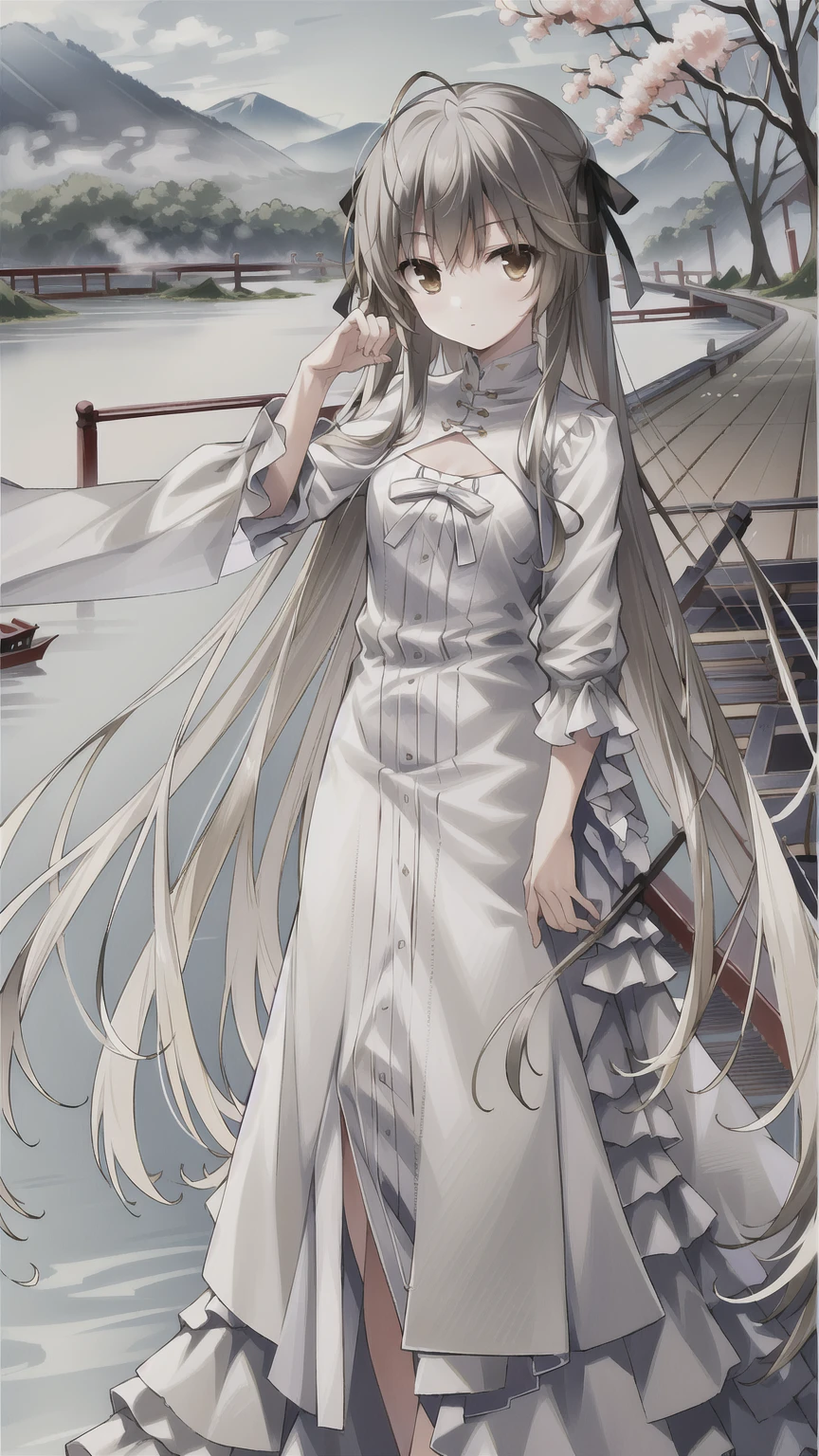 ((masterpiece:1.4, best quality)) ,Kasugano Sora,Elegant and beautiful girl,Brown eyes,Long straight hair,Drunk in the Red Dust,Dongfengpo,Bridge over the River,Boat Ferry,Apricot blossoms are slightly raining,The landscape is picturesque,Jiangnan Misty Rain,Ink painting style,Chinese style water sleeves Hanfu