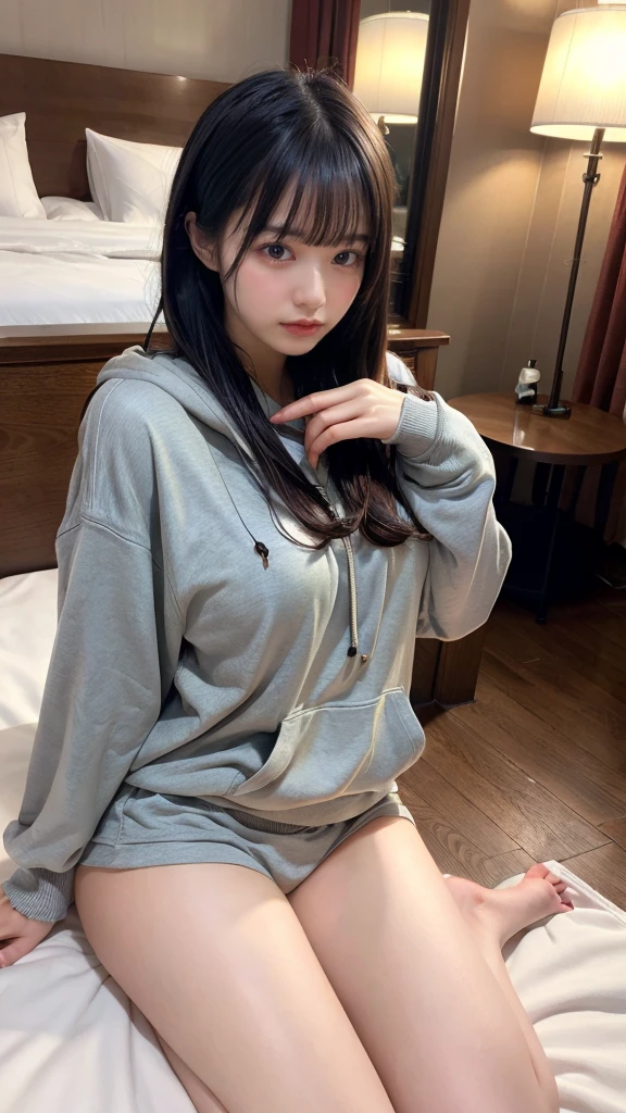 muste piece, best quality, illustration, Super detailed, fine details, High resolution, 8K,wall paper, perfect dynamic composition,(Details High quality, realistic depiction of eyes:1.3), Oversized Light Grey Hoodie, Erotic Shorts, Lying down, black hair color, Big Natural Color Lip, bold sexy pose, (perfect body shape), crying a little、cold gaze, Harajuku style、20 year old girl、cute type、lolita、beautiful legs, hotel room, hposing Gravure Idol, Voluptuous thighs