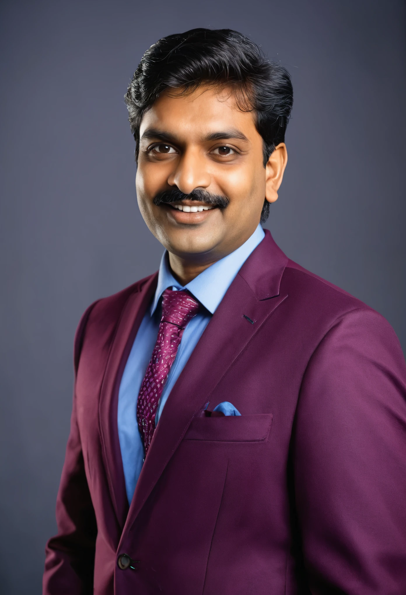 A mature Indian Male in his mid-20s, portrait, in studio with studio lighting and studio background, Looking directly at the camera, Confident and friendly expression, formal dressed in modern, stylish attire, Bright, Vibrant colors