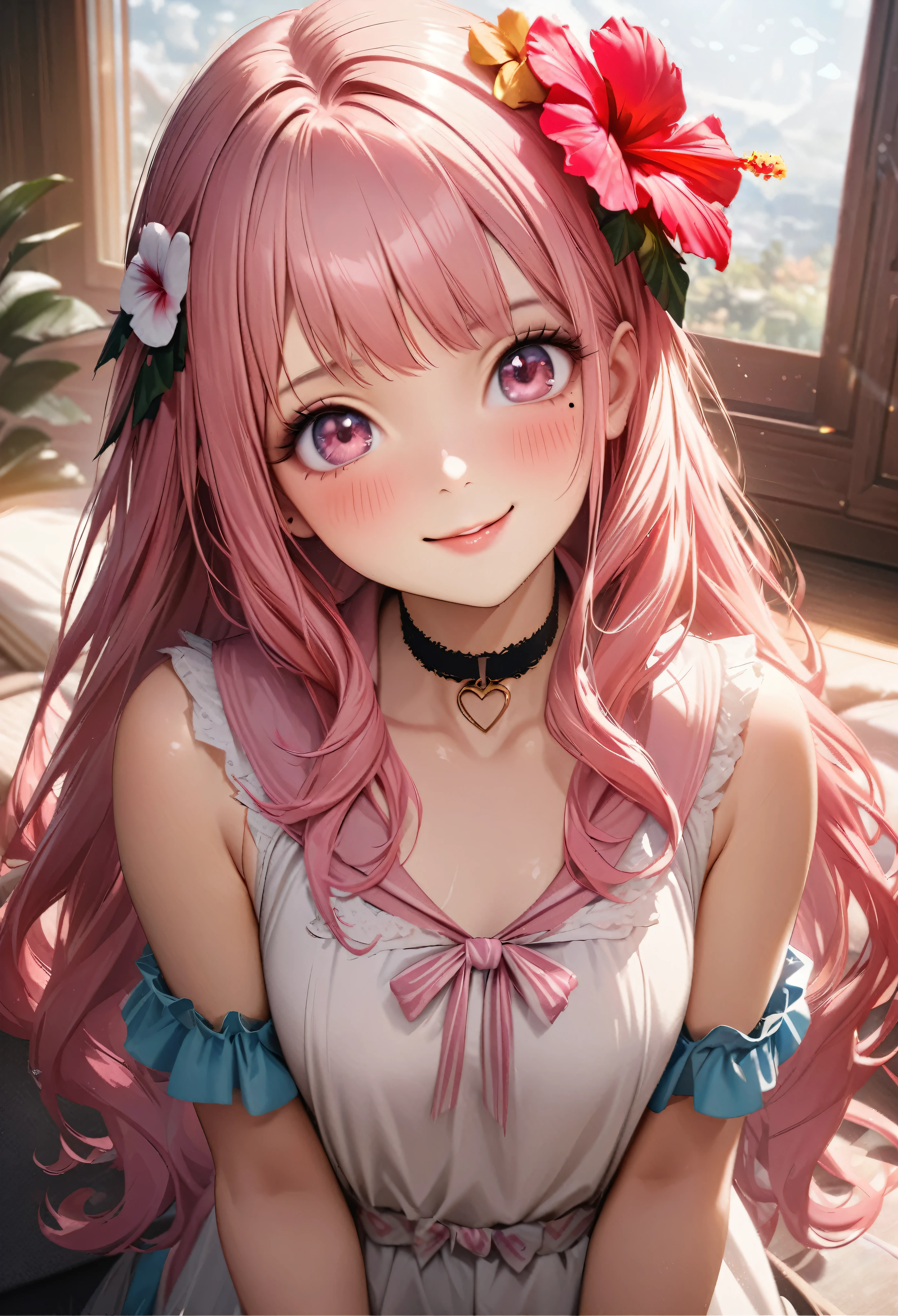 masterpiece, highest quality, Very detailed, High resolution, Expensive resolution, High resolution, 4K, 8k, unity 8k wallpaper, Very detailed CG, masterpiece, Realistic、 Beautiful details, depth, Fine texture, highest quality: 1.3, Total concentration, Crisp skin, he, Very cute anime, Cute like an idol, expensive pink long hair, One Girl, Aloha One Piece, morning, Breakfast, Hibiscus Hair Accessories, Smiling long pink hair, whole body, Mole under eye, Line Sight, expensive, blush, Lips parted, heart, Pink Eyes, choker