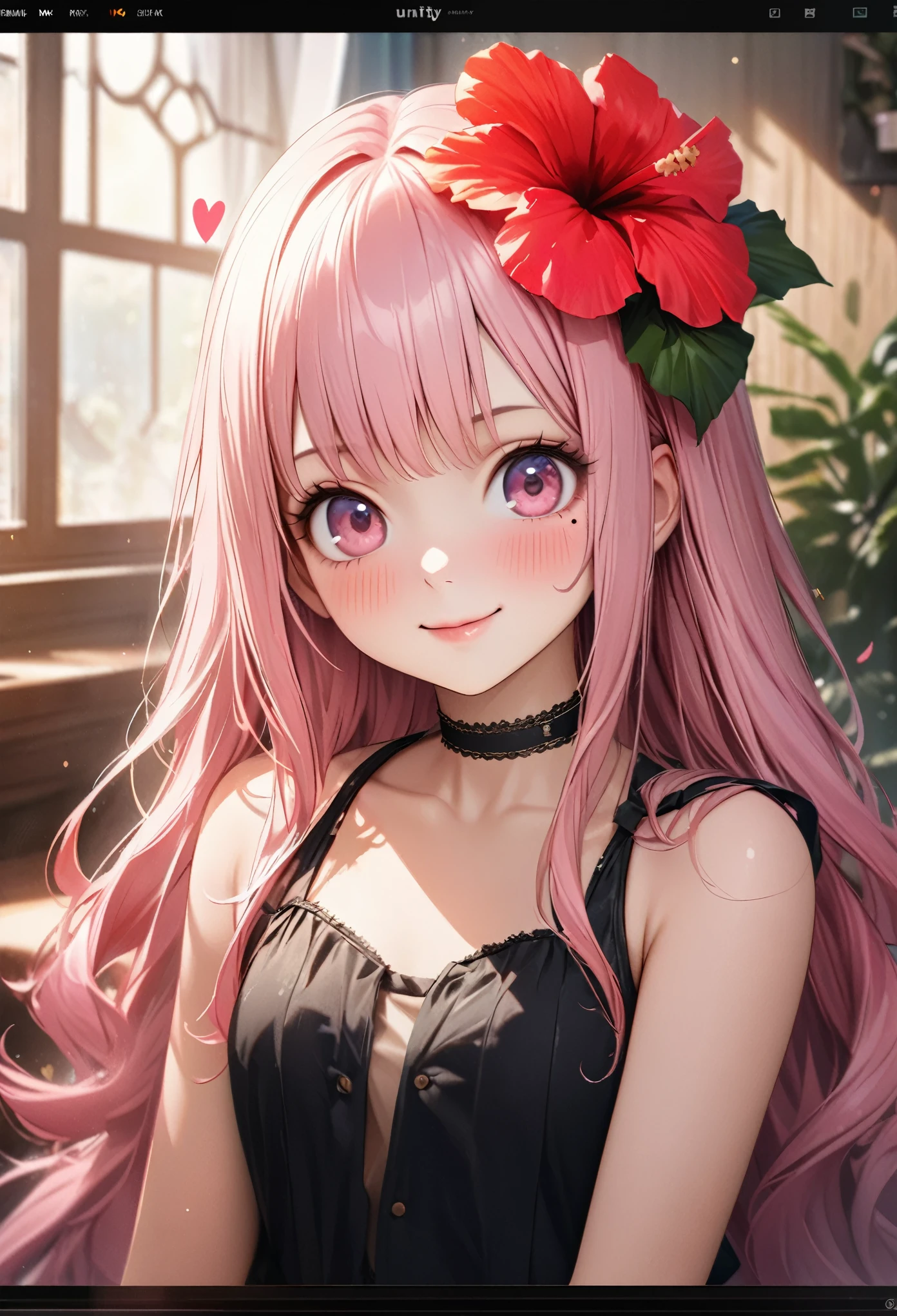 masterpiece, highest quality, Very detailed, High resolution, Expensive resolution, High resolution, 4K, 8k, unity 8k wallpaper, Very detailed CG, masterpiece, Realistic、 Beautiful details, depth, Fine texture, highest quality: 1.3, Total concentration, Crisp skin, he, Very cute anime, Cute like an idol, expensive pink long hair, One Girl, Aloha One Piece, morning, morning食, Hibiscus Hair Accessories, Smiling long pink hair, whole body, Mole under eye, Line Sight, expensive, blush, Lips parted, heart, Pink Eyes, choker